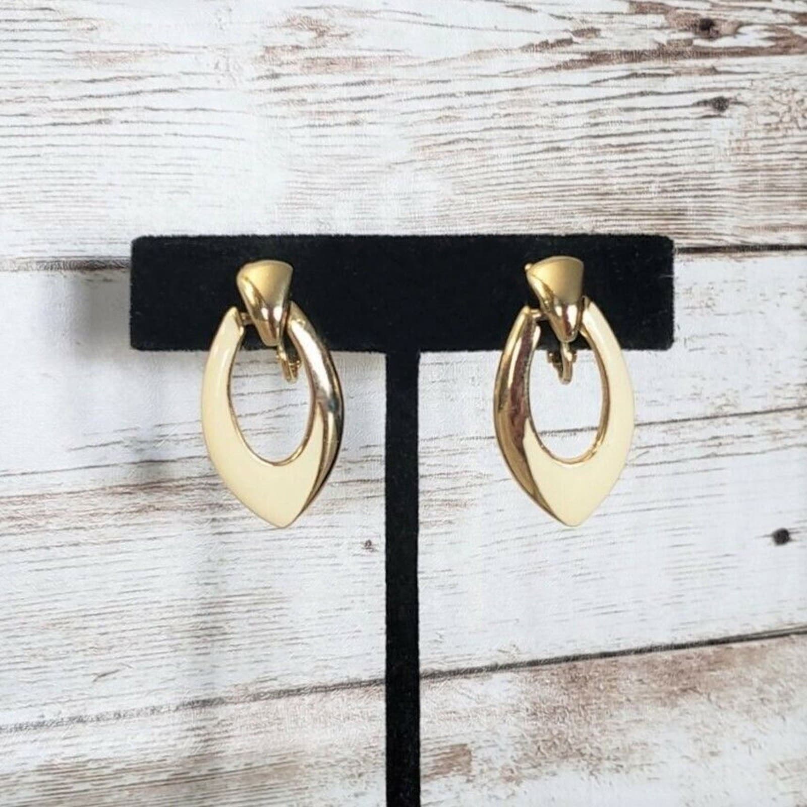 Vintage Clip On Earrings Cream & Gold Tone Fancy Dangle Statement