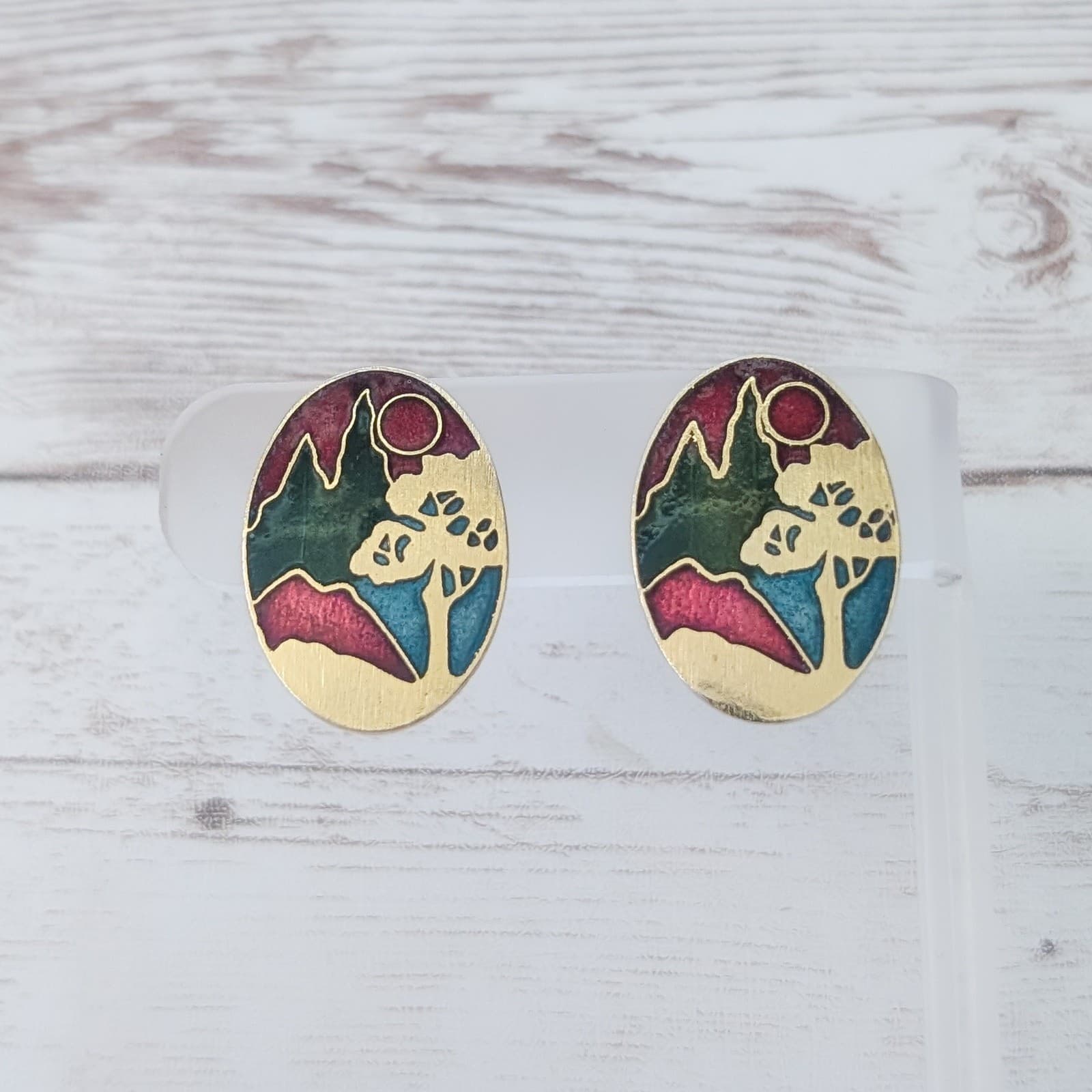 Vintage Clip On Earrings Unusual Statement Oval Large Tree and Mountain Scene