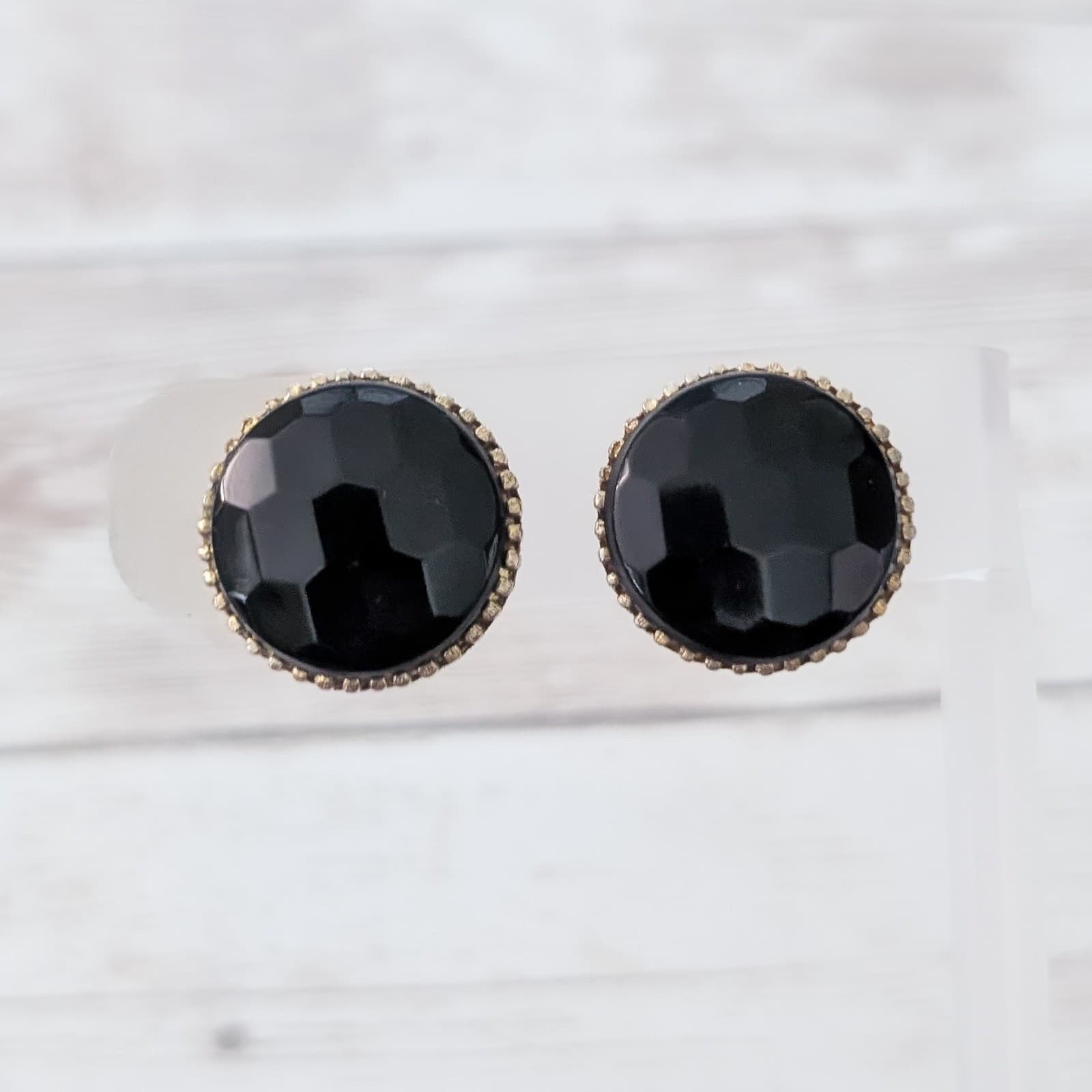 Vintage Clip On Earrings 0.75" Chunky Faceted Black Gem