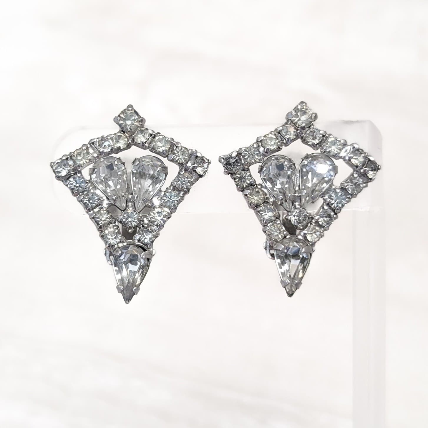 Vintage Clip On Earrings Stylish Silver Tone & Clear Gem Large 1 & 3/8"