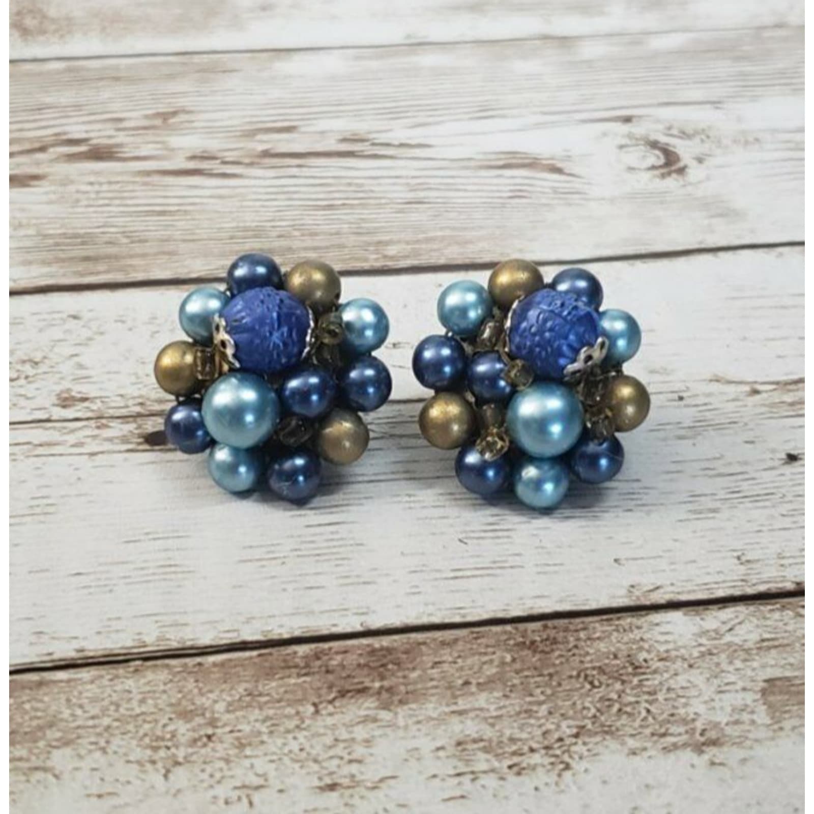 Vintage Clip On Earrings Blue & Bronze Tone Cluster Style 1"