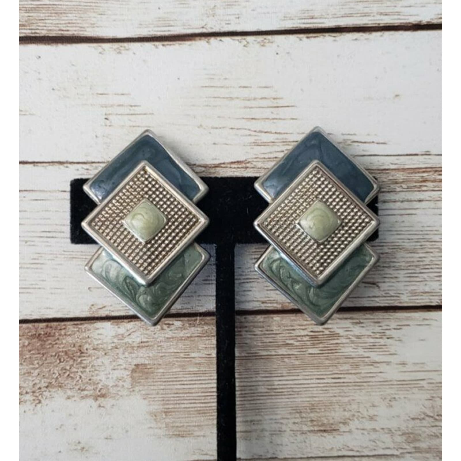 Vintage Clip On Earrings - Layered Blue & Green Diamond Shapes Large Statement