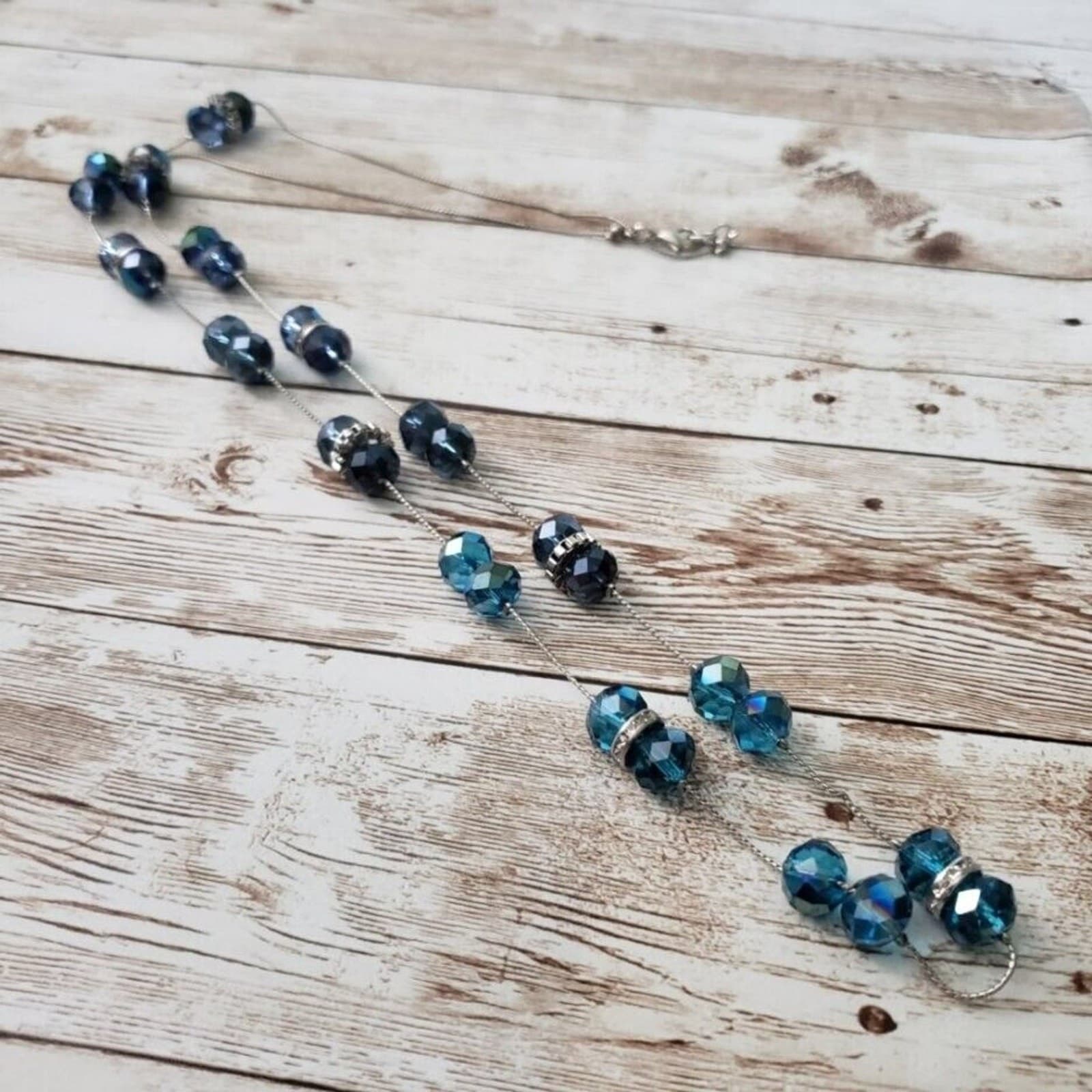 Long Necklace with Blue & Silver Tone Beads Thin Strand