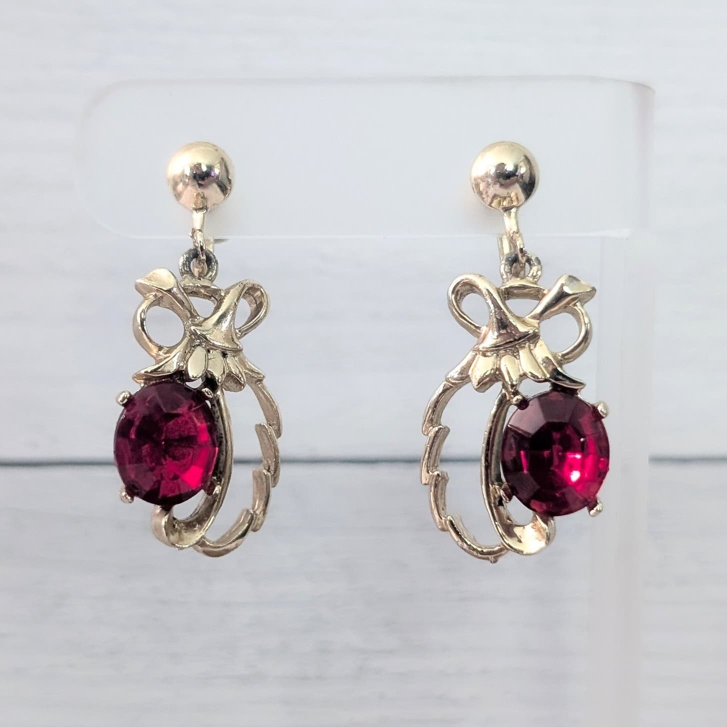Vintage Screw On Earrings Regal Gold Tone & Red Gem Dangle Statement