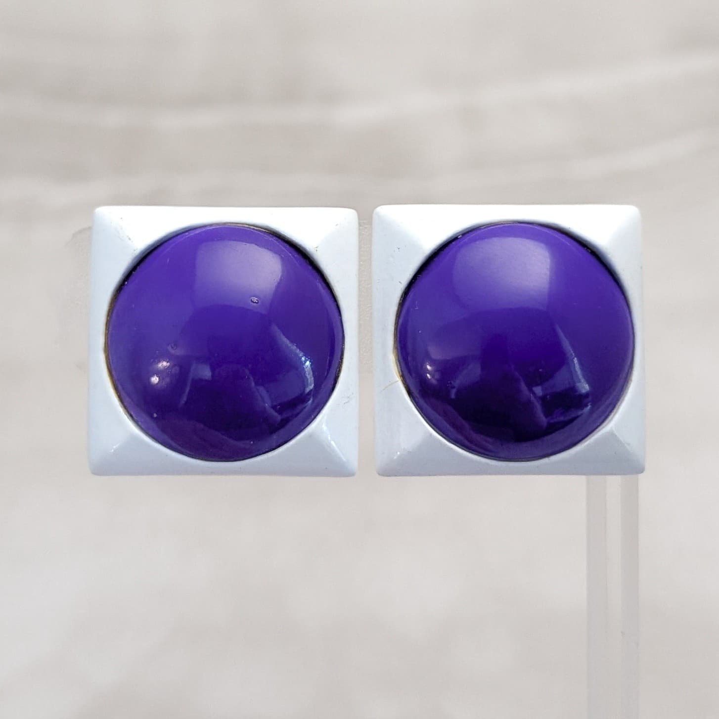 Vintage Clip On Earrings White Square Purple Circle Center Large Retro Statement