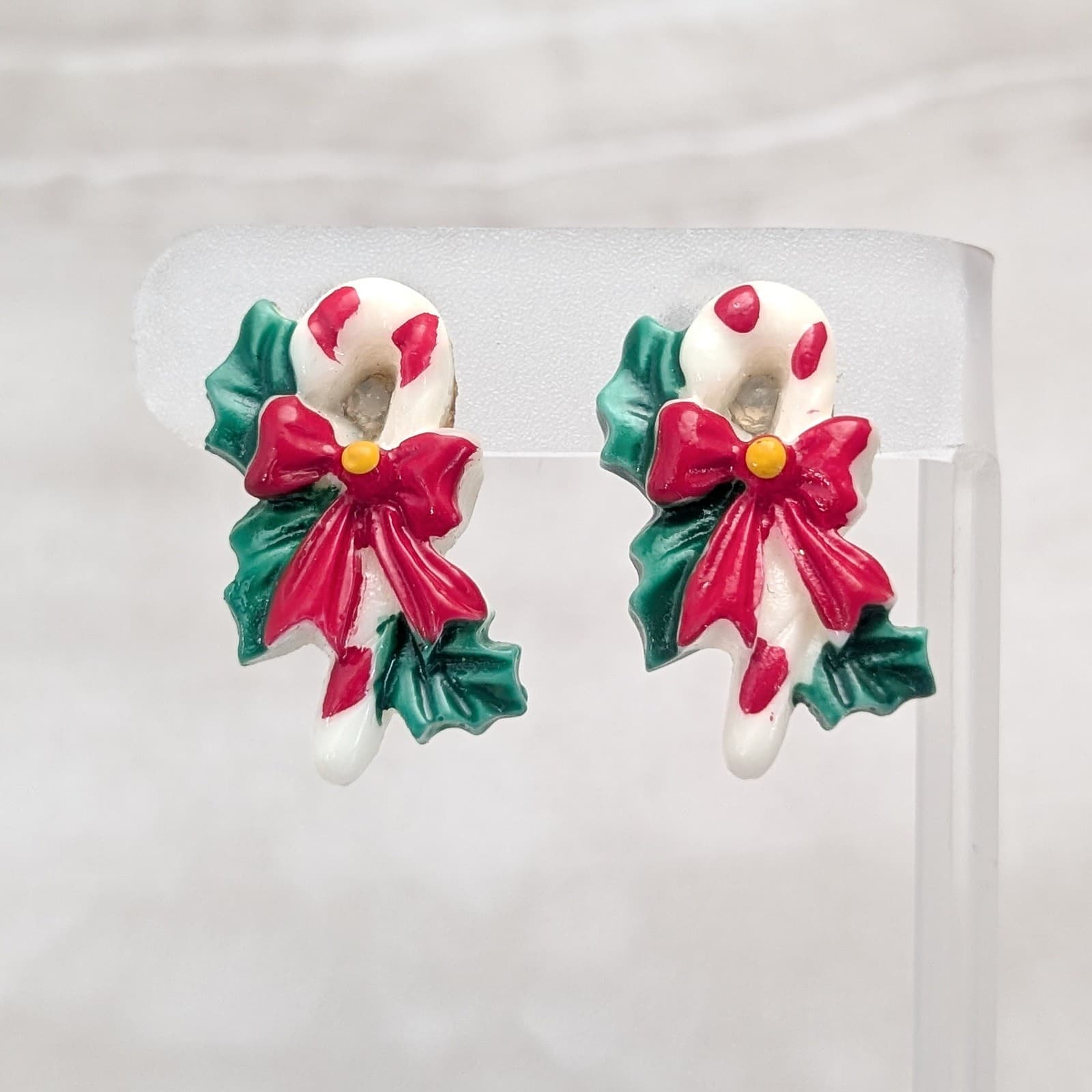 Vintage Clip On Earrings Retro Christmas Theme Candy Cane and Holly with Bow