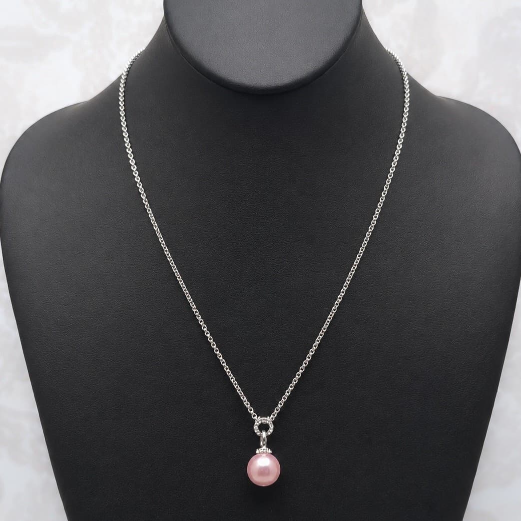 Pink Faux Pearl with Clear Gems Silver Tone Pendant Necklace