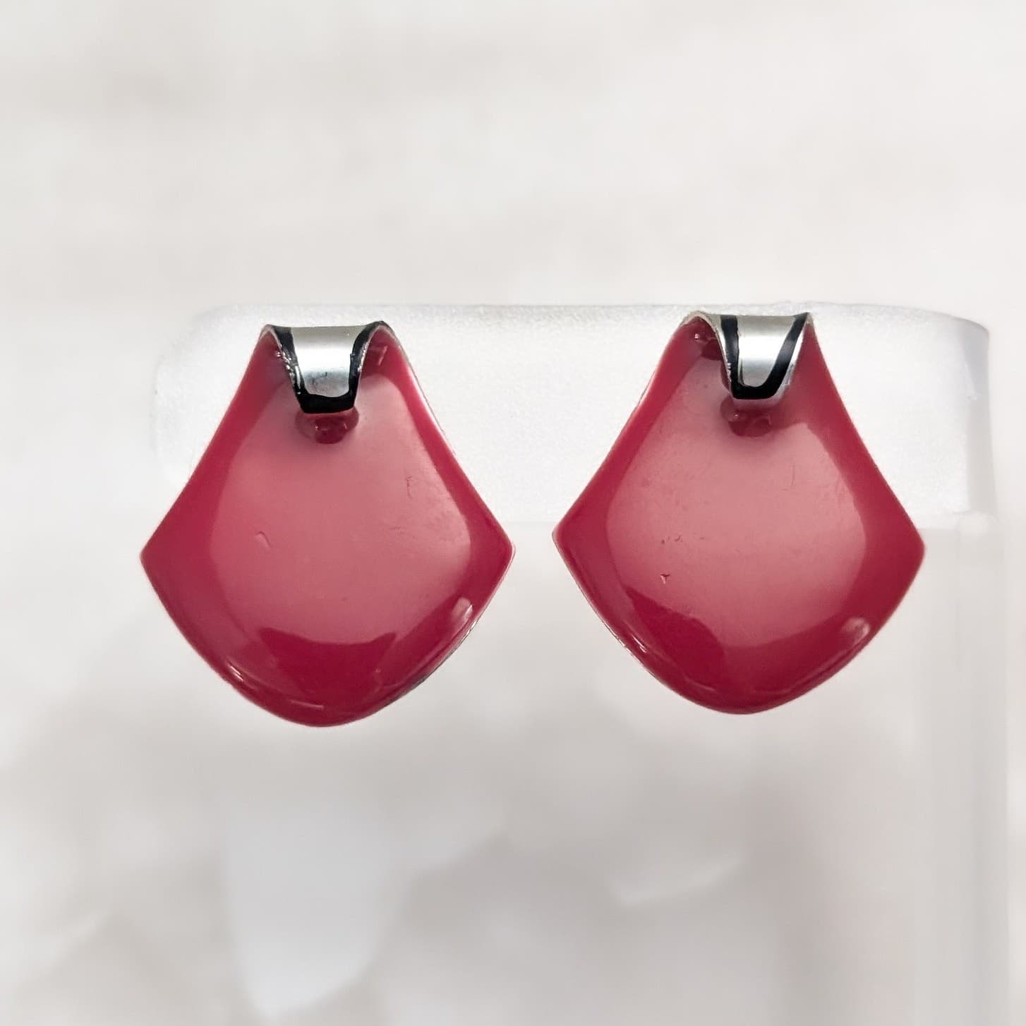Vintage Clip On Earrings Very Unusual Red Enamel Curved Top - Some Marks