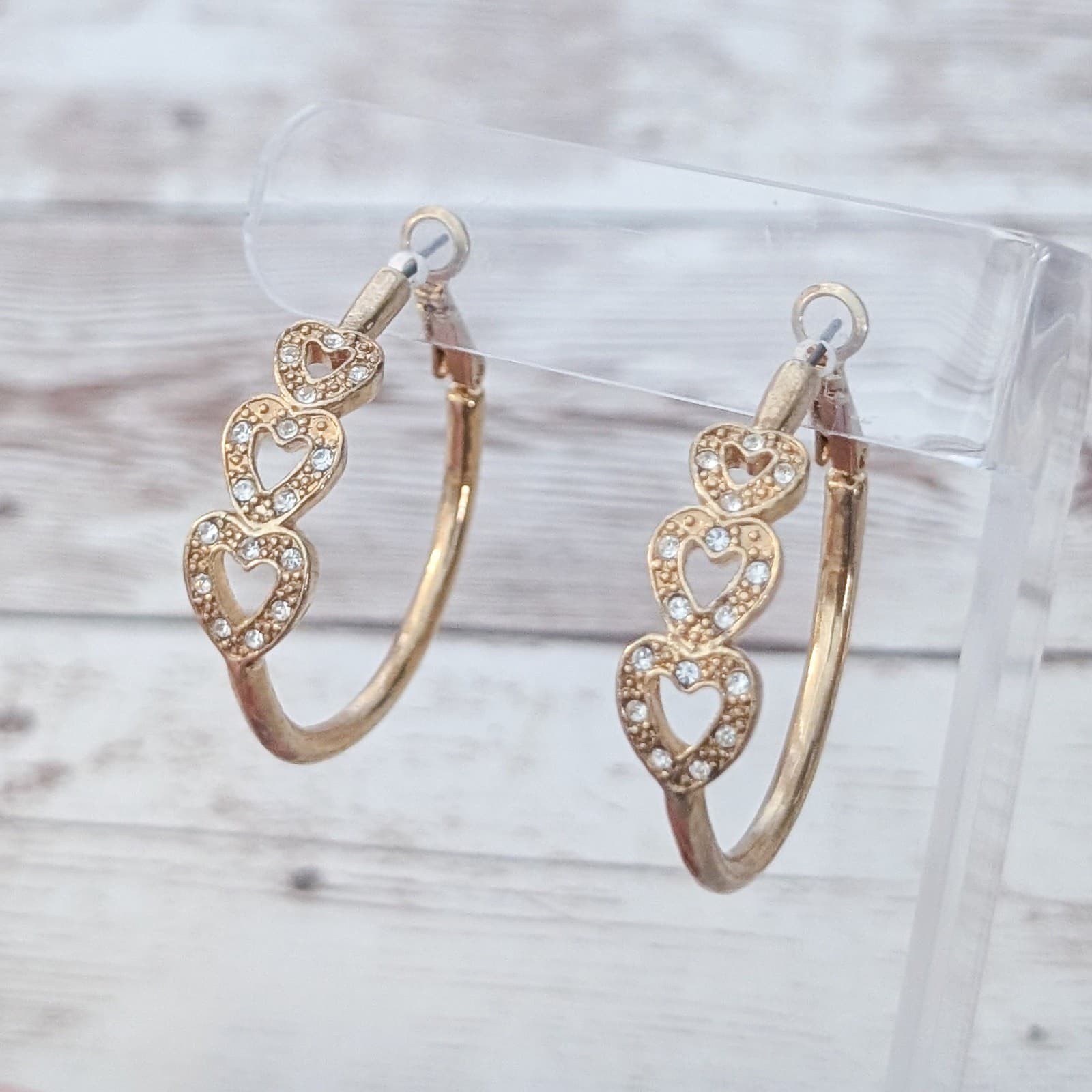 Vintage Stud Earrings Extra Large Gold Tone Hoops Heart Design