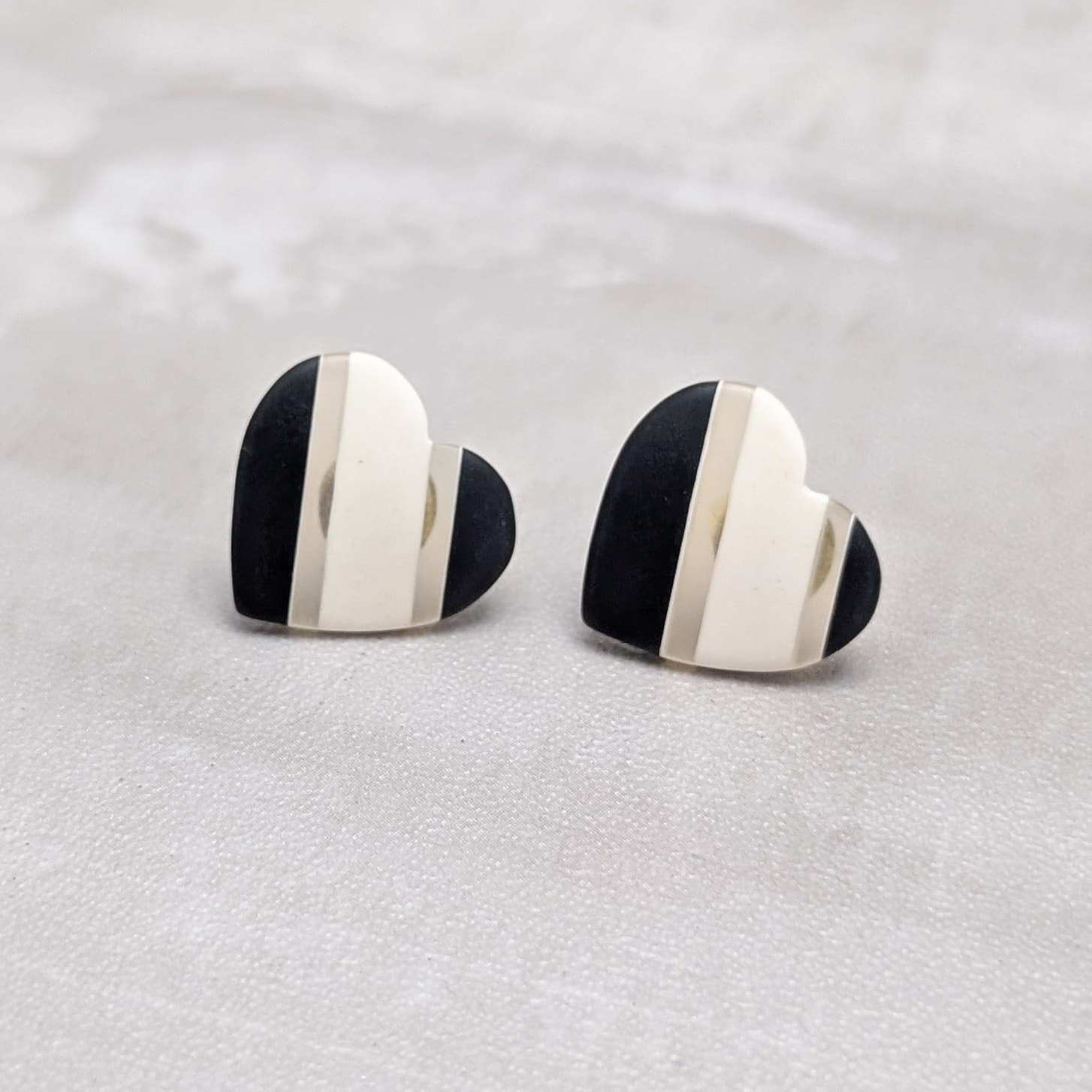 Vintage Stud Earrings Cream and Black Heart Shape - Valentines Love Theme