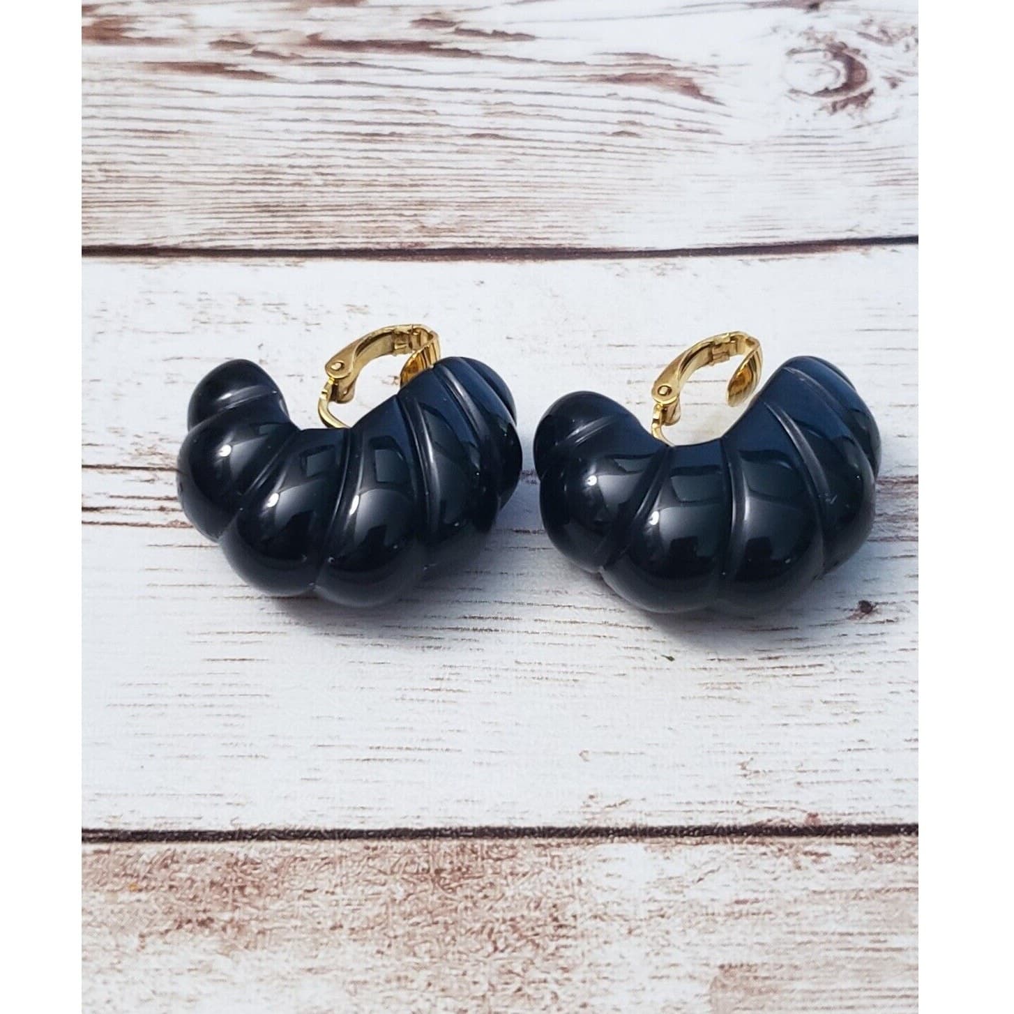 Vintage Clip On Earrings - Chunky Ribbed Black Hoops Large 1 & 1/8" Statement