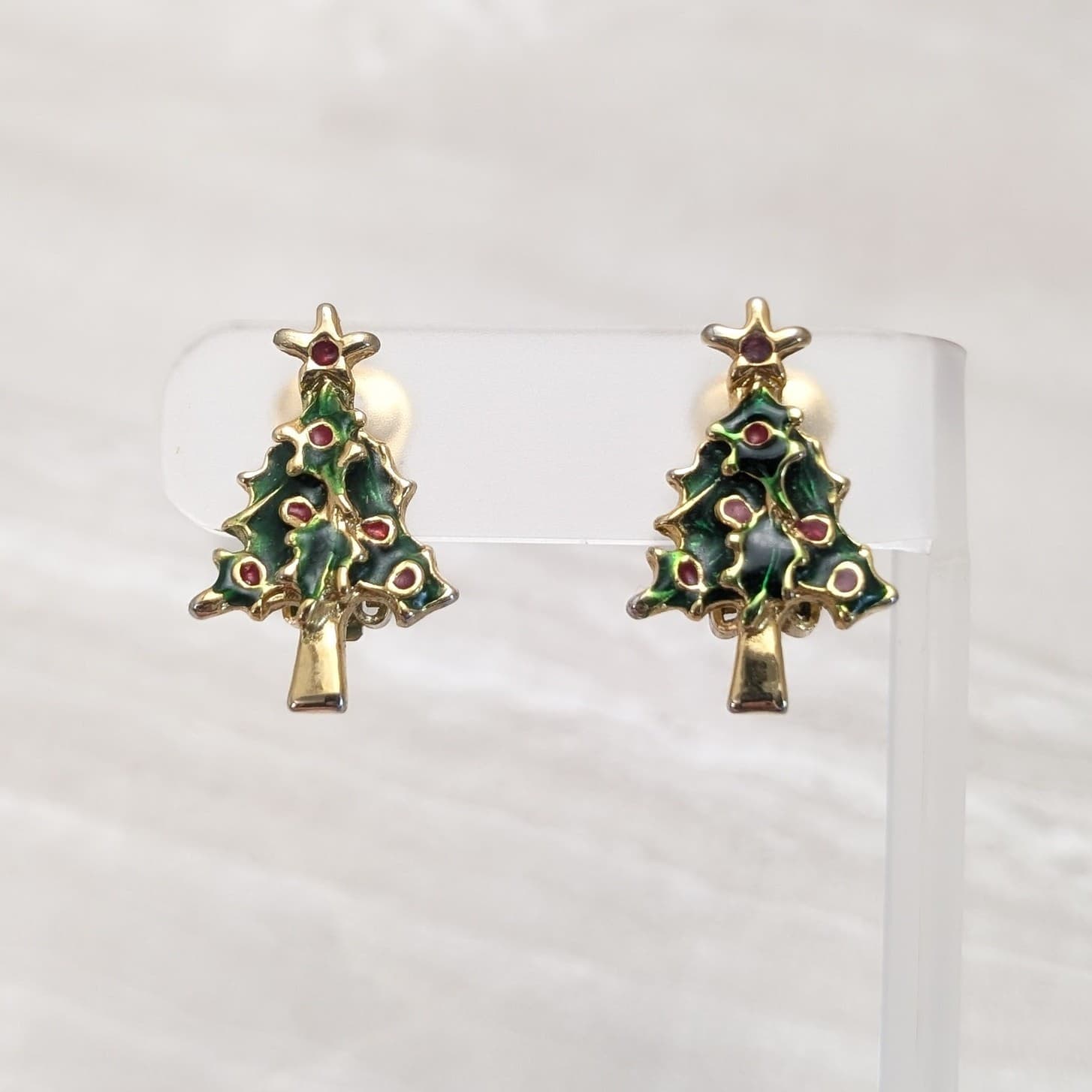 Vintage Clip On Earrings Gold Tone, Green & Red Christmas Tree