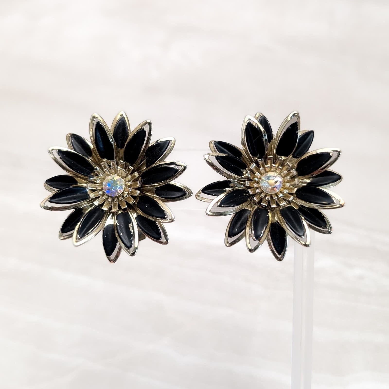 Vintage Clip On Earrings Extra Large 1.5" Gold Tone, Black, Iridescent Flower