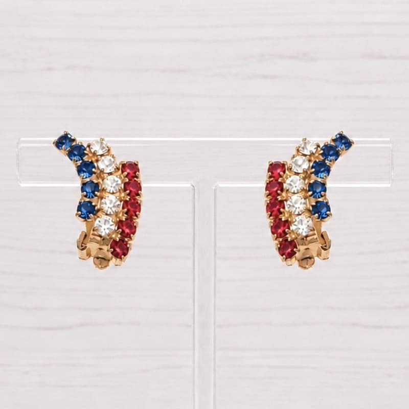 Vintage Clip On Earrings Stunning Red, White, Blue Gems - 4th of July / USA