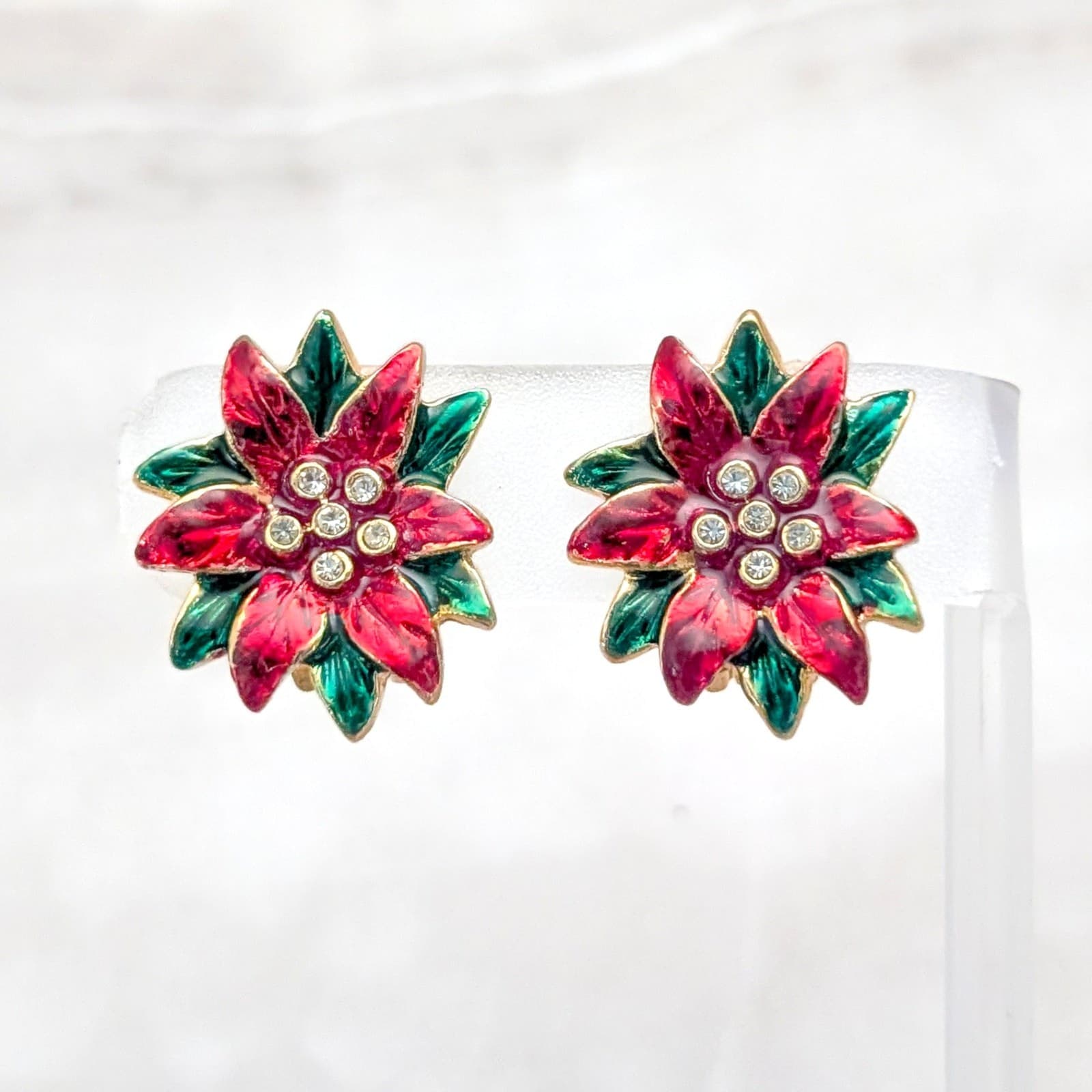 Vintage Clip On Earrings 1" Poinsettia Flower Red & Green Clear Gems Christmas