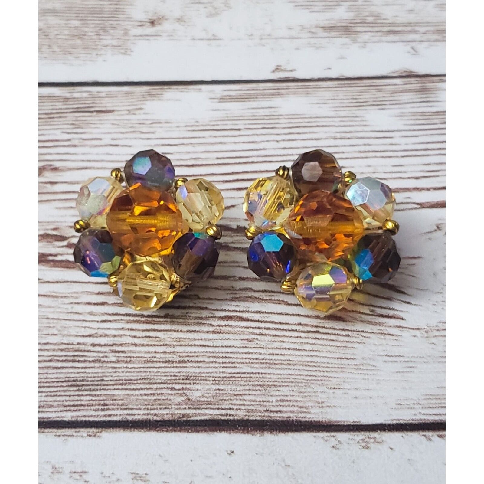 Vintage Clip On Earrings Amber Tone & Dark Iridescent Cluster