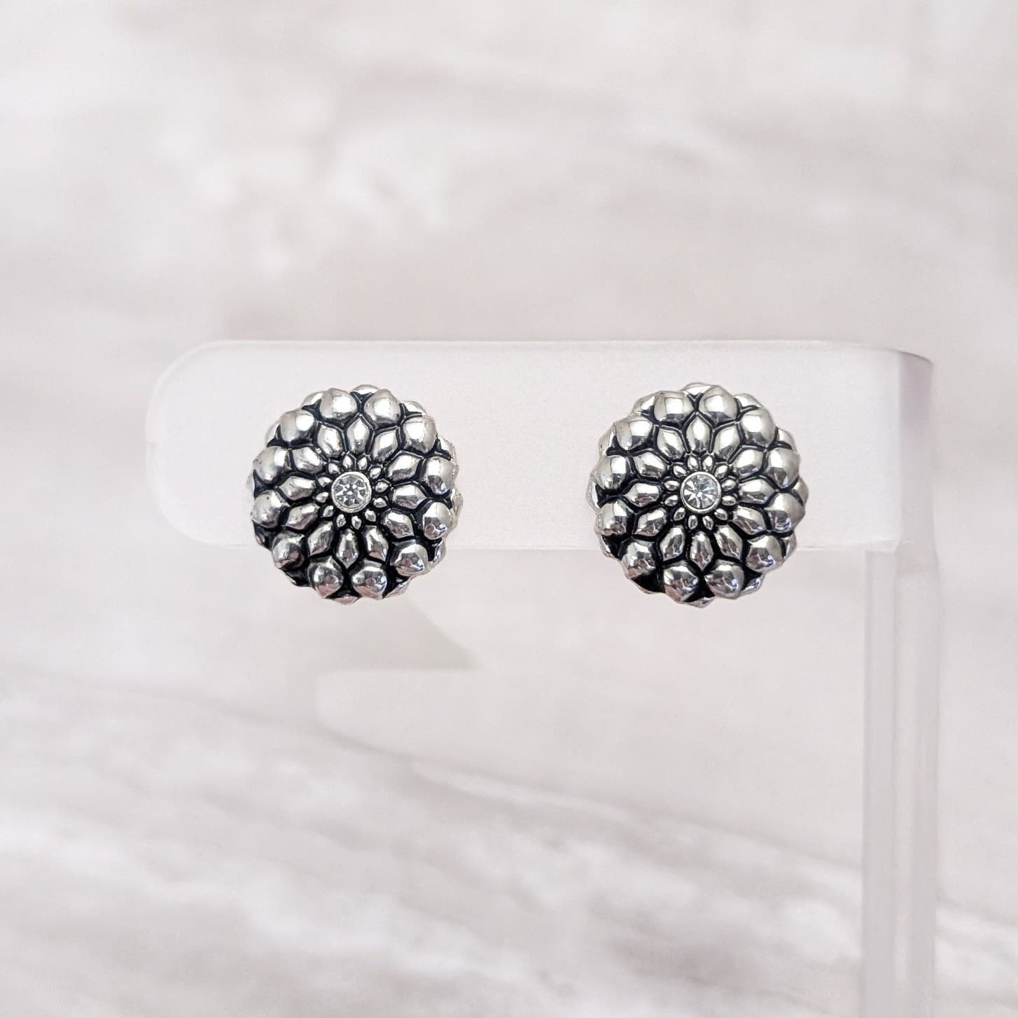 Vintage Clip On Earrings Silver Tone Flower with Black Detail & Clear Gem 5/8"