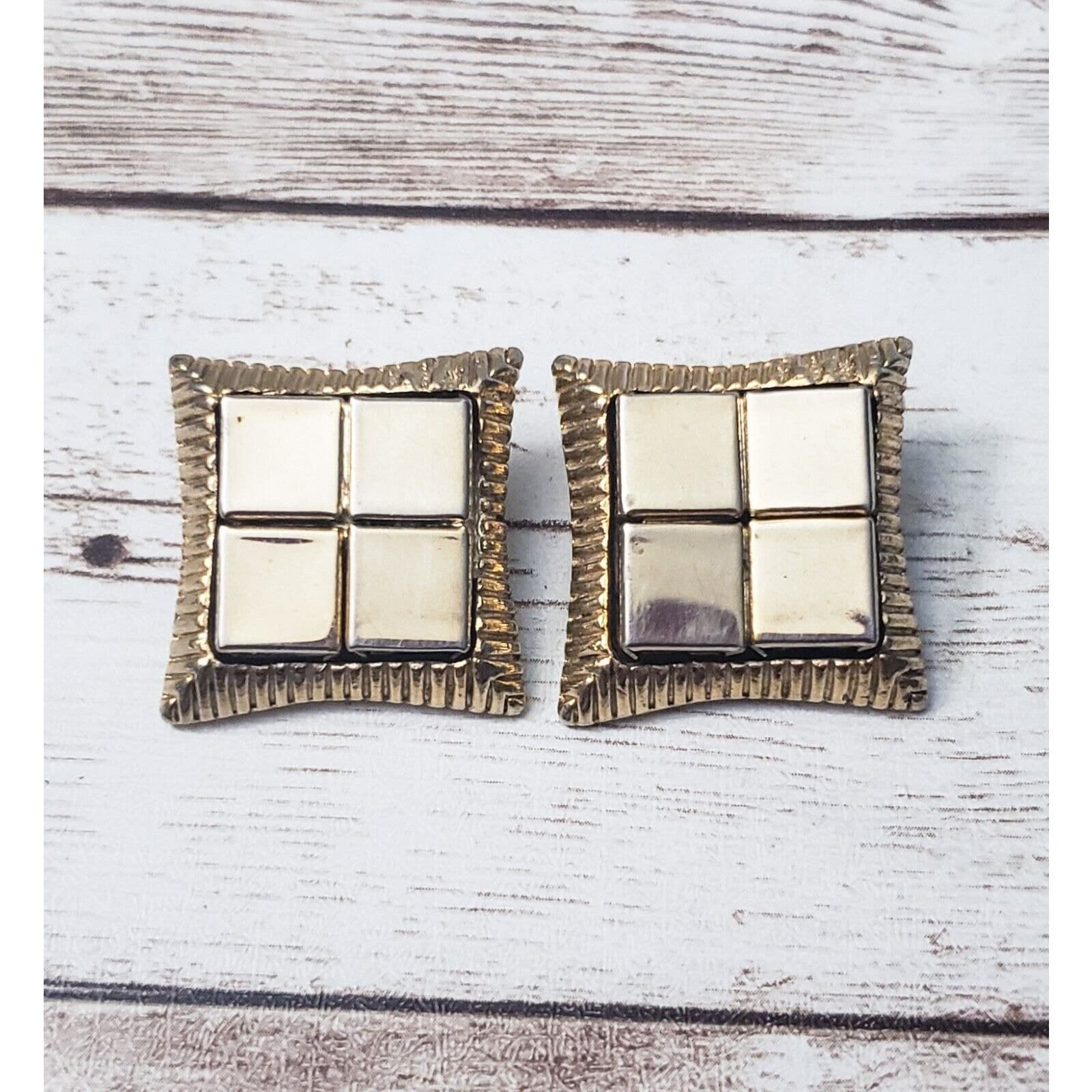 Vintage Clip On Earrings - Gold Tone Statement Square Design 1"