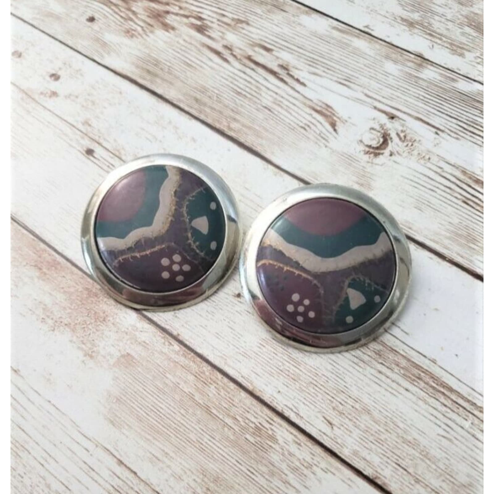 Vintage Clip On Earrings Large Patchwork Style Circle with Silver Tone Halo