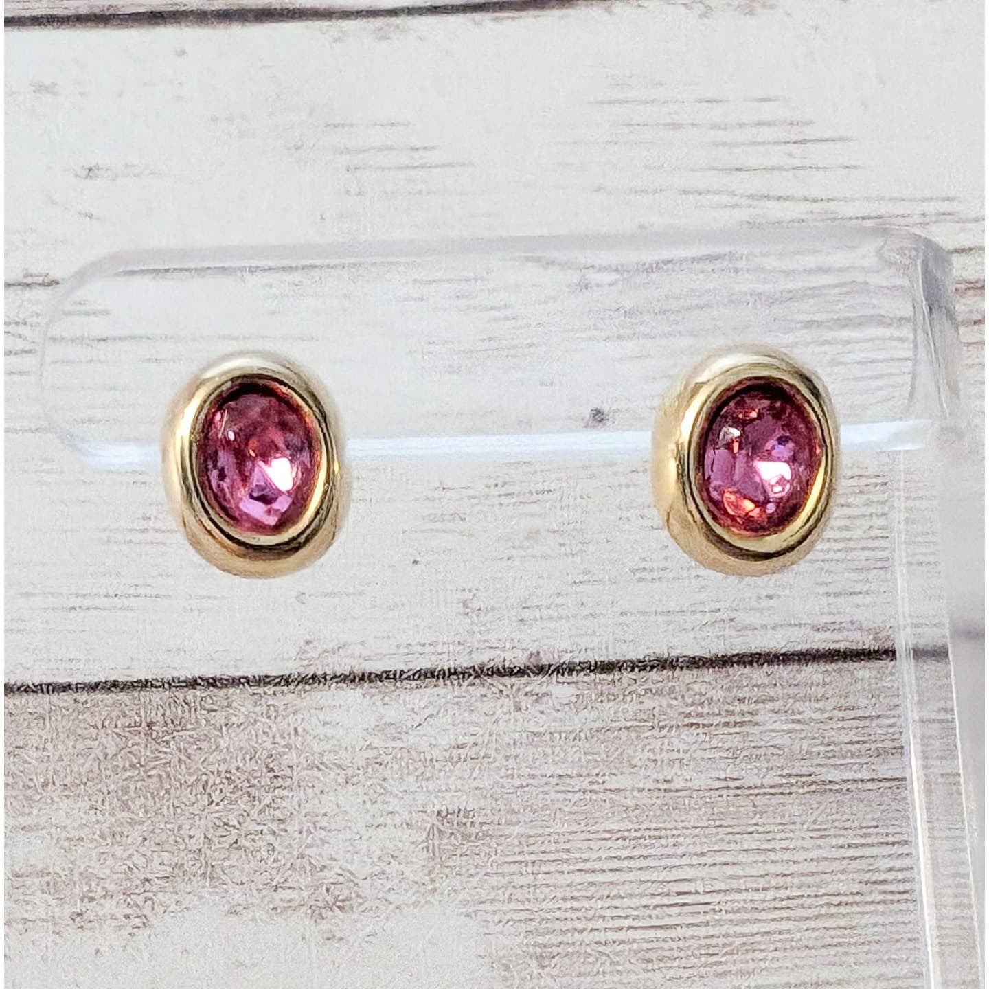 Vintage Earrings for Pierced Ears Oval Shape Pink & Gold Tone