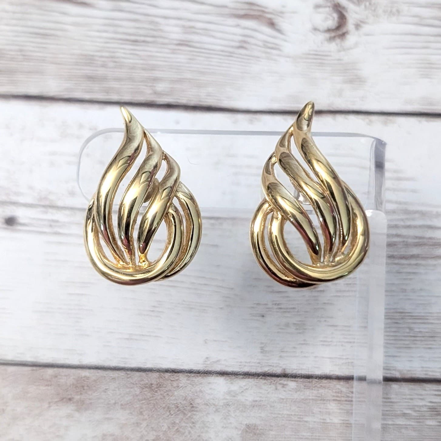 Vintage Stud Earrings Large Stylish Flame Design 1.25" Statement Gold Tone