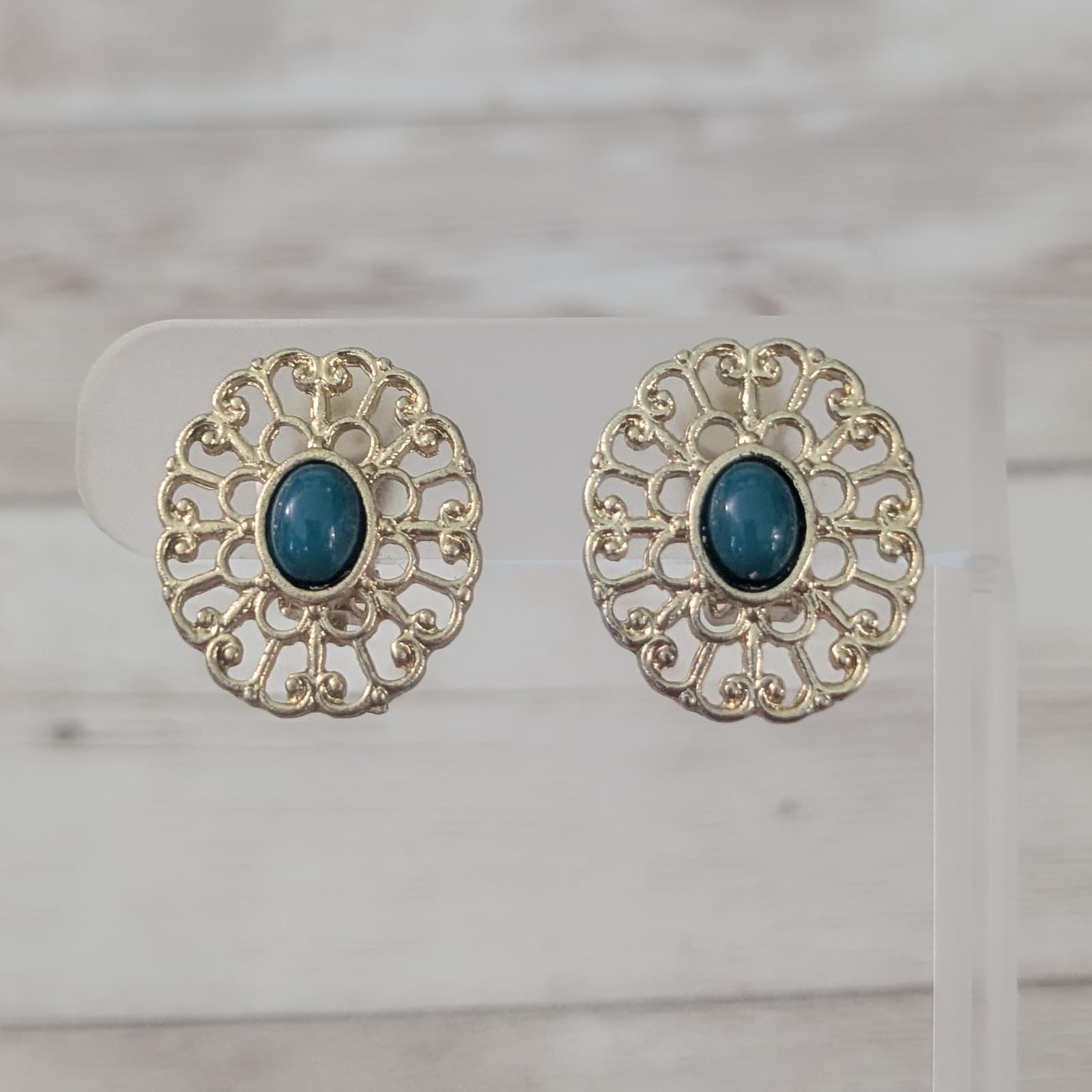 Vintage Clip On Earrings Large Ornate Gold Tone with Dark Teal Center Statement