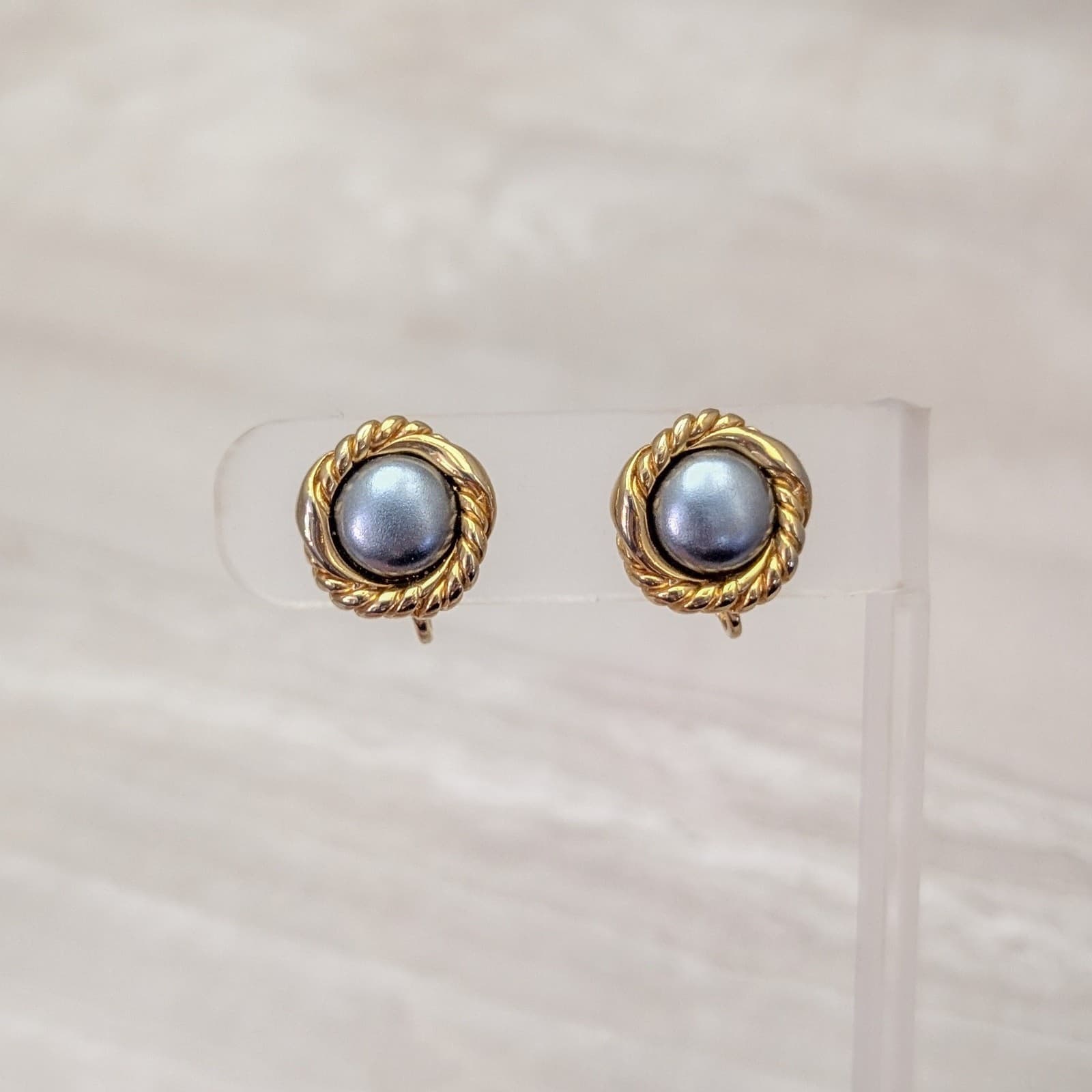 Vintage Clip On Earrings Metallic Blue Center with Stylish Gold Tone Halo 5/8"