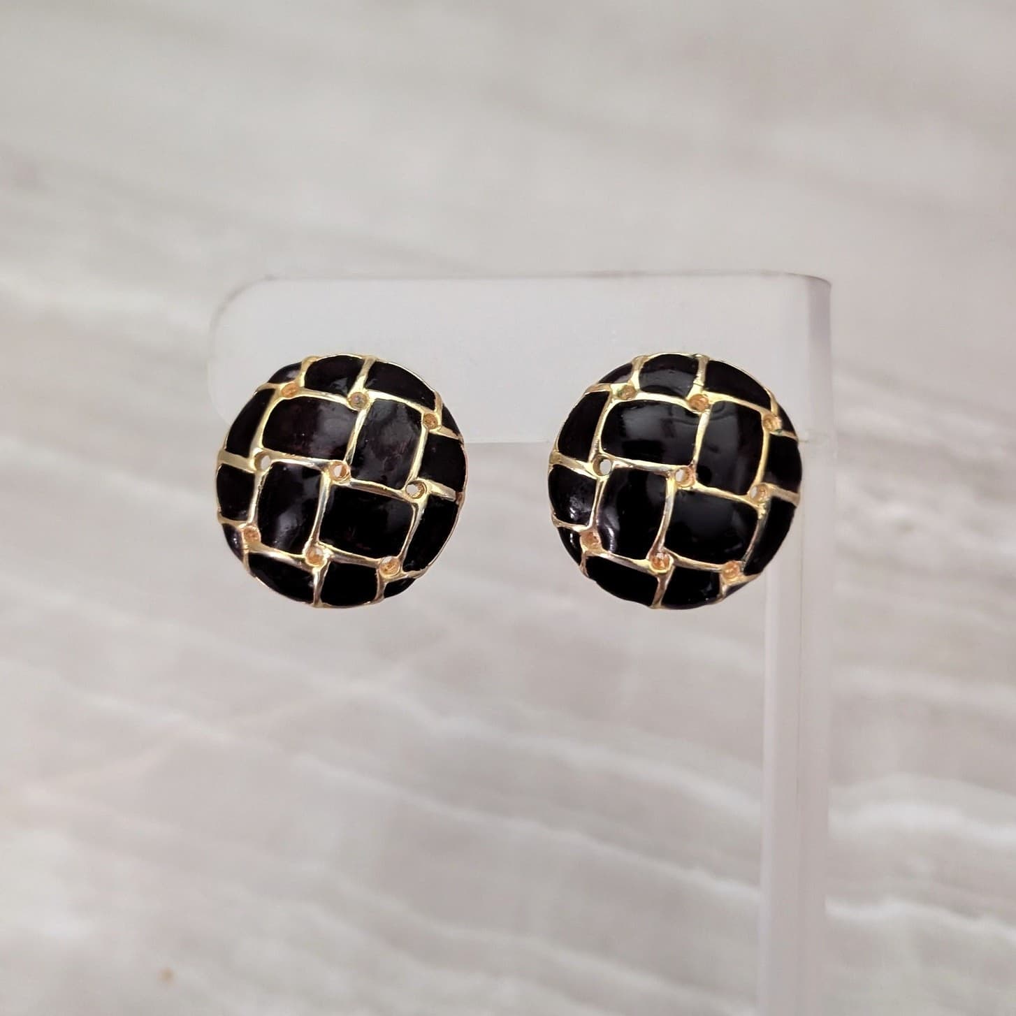 Vintage Clip On Earrings Black? with Gold Tone Lattice Design