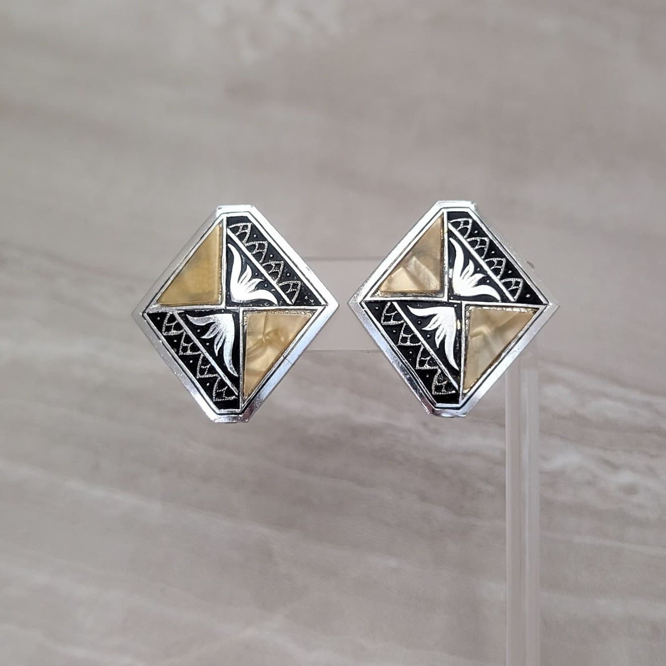 Vintage Clip On Earrings Silver Tone with Dark Beige Mother of Pearl 1 & 3/8"