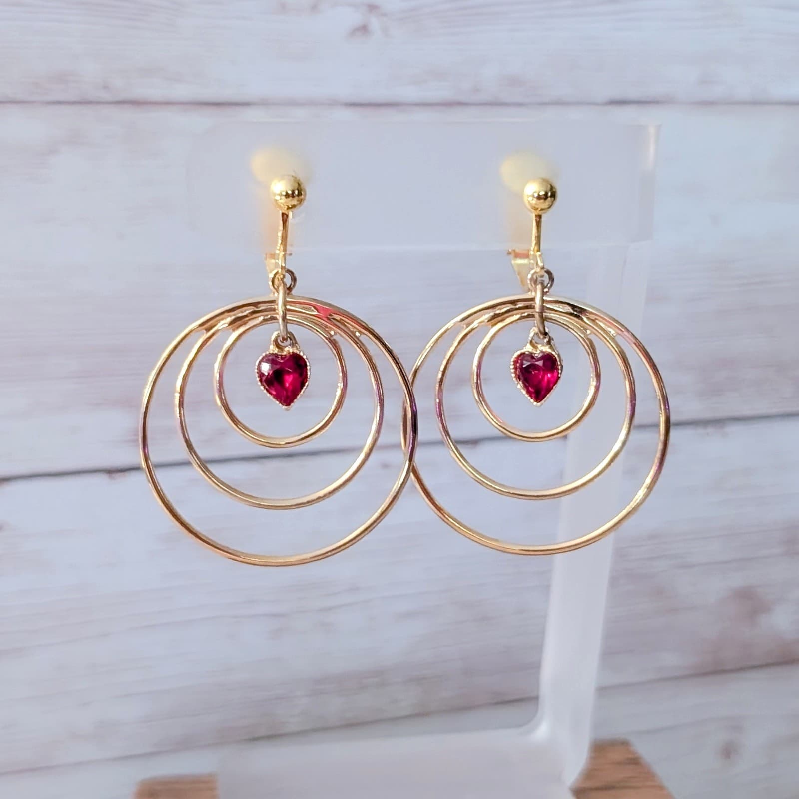 Vintage Clip On Earrings Large Gold Tone & Red Heart Dangle Valentine's Love