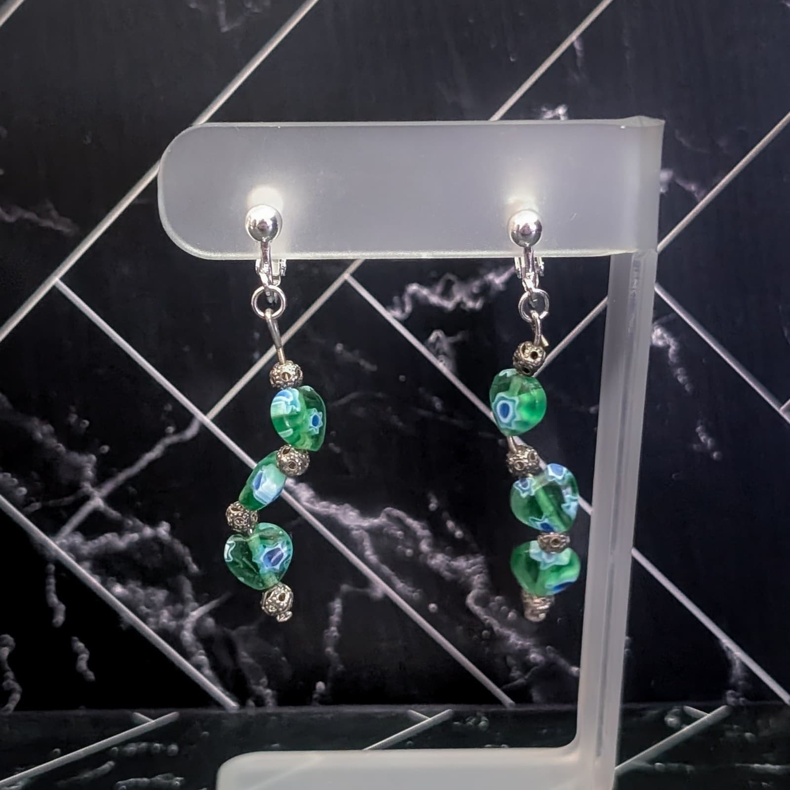 Vintage Clip On Earrings Green Millefiori Glass Twisted Dangle Heart Earrings
