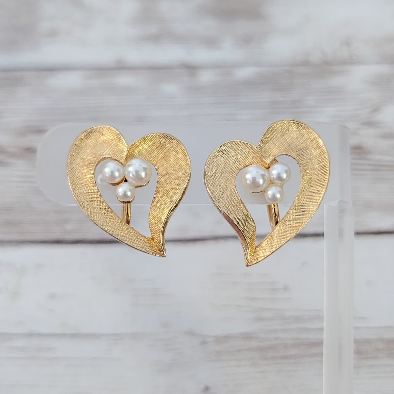 Vintage Screw On Earrings Large Heart with Faux Pearl Statement