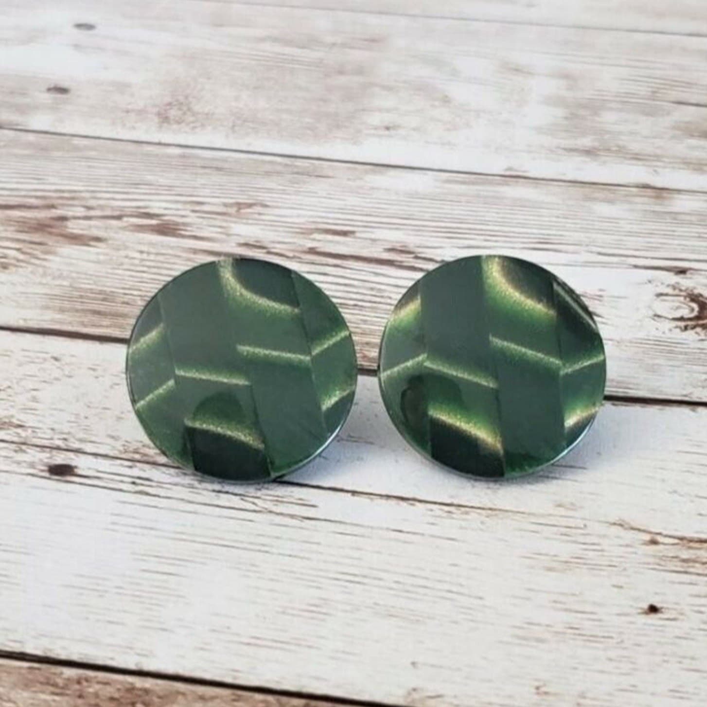 Vintage Clip On Earrings Green Line Design Circle Statement Just Over 1"