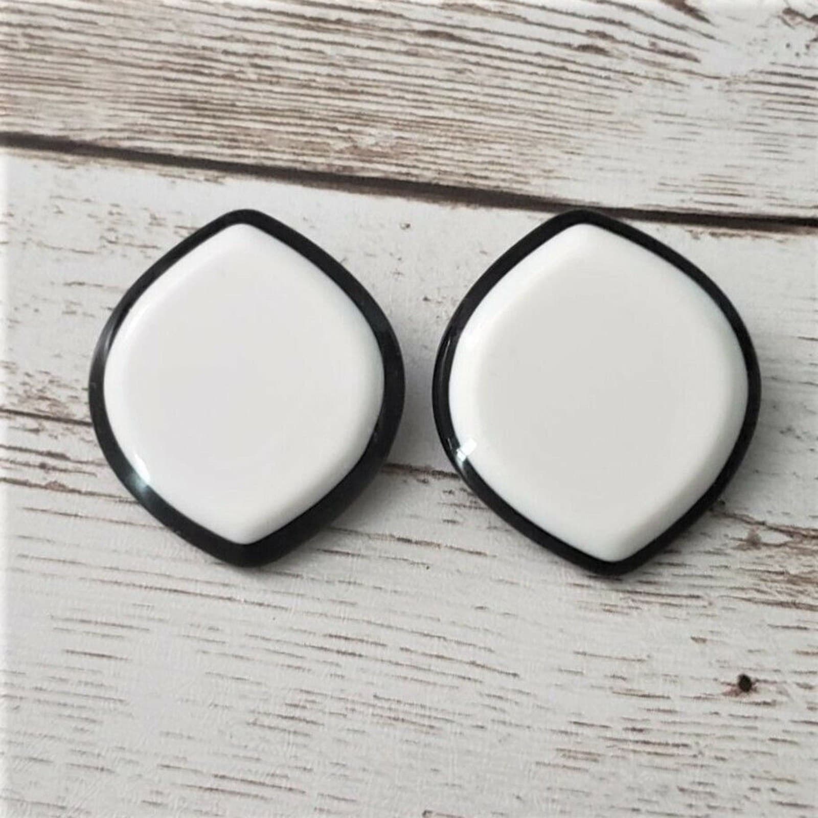 Vintage Clip On Earrings - White with Black Halo Statement Earrings