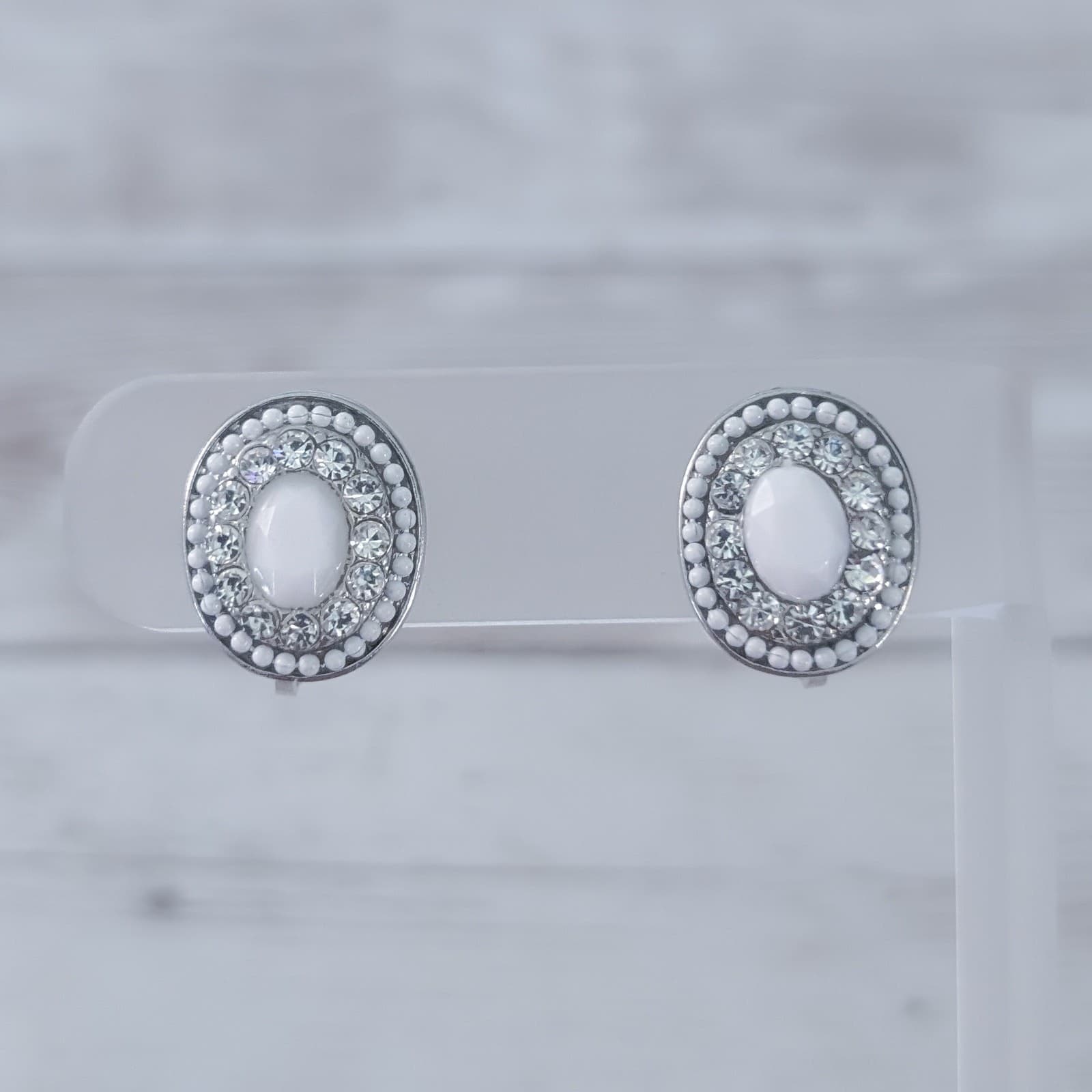 Vintage Clip On Earrings Stunning White, Silver Tone, Clear Gem Statement