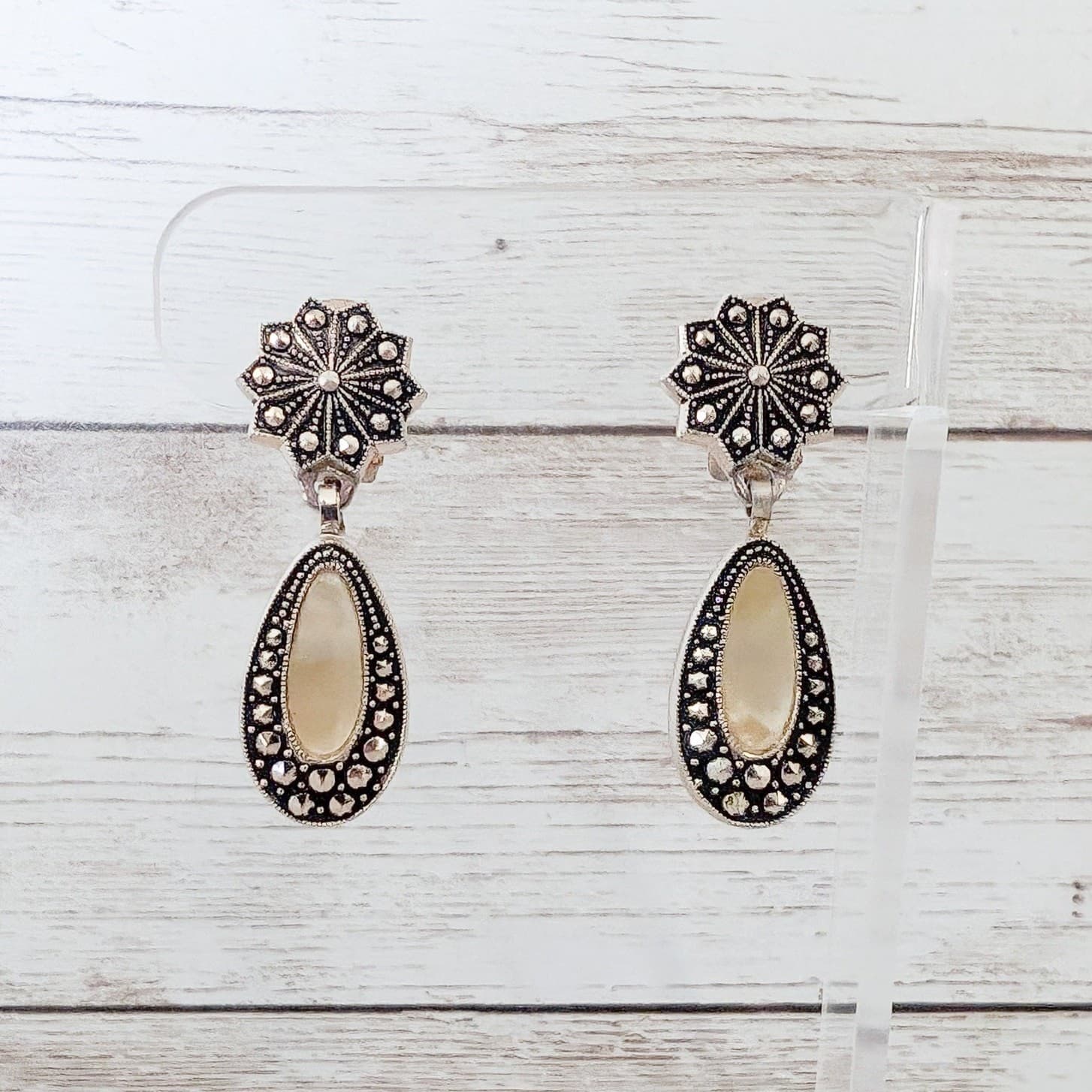 Vintage Clip On Earrings Gold Tone Dangle with Inlay