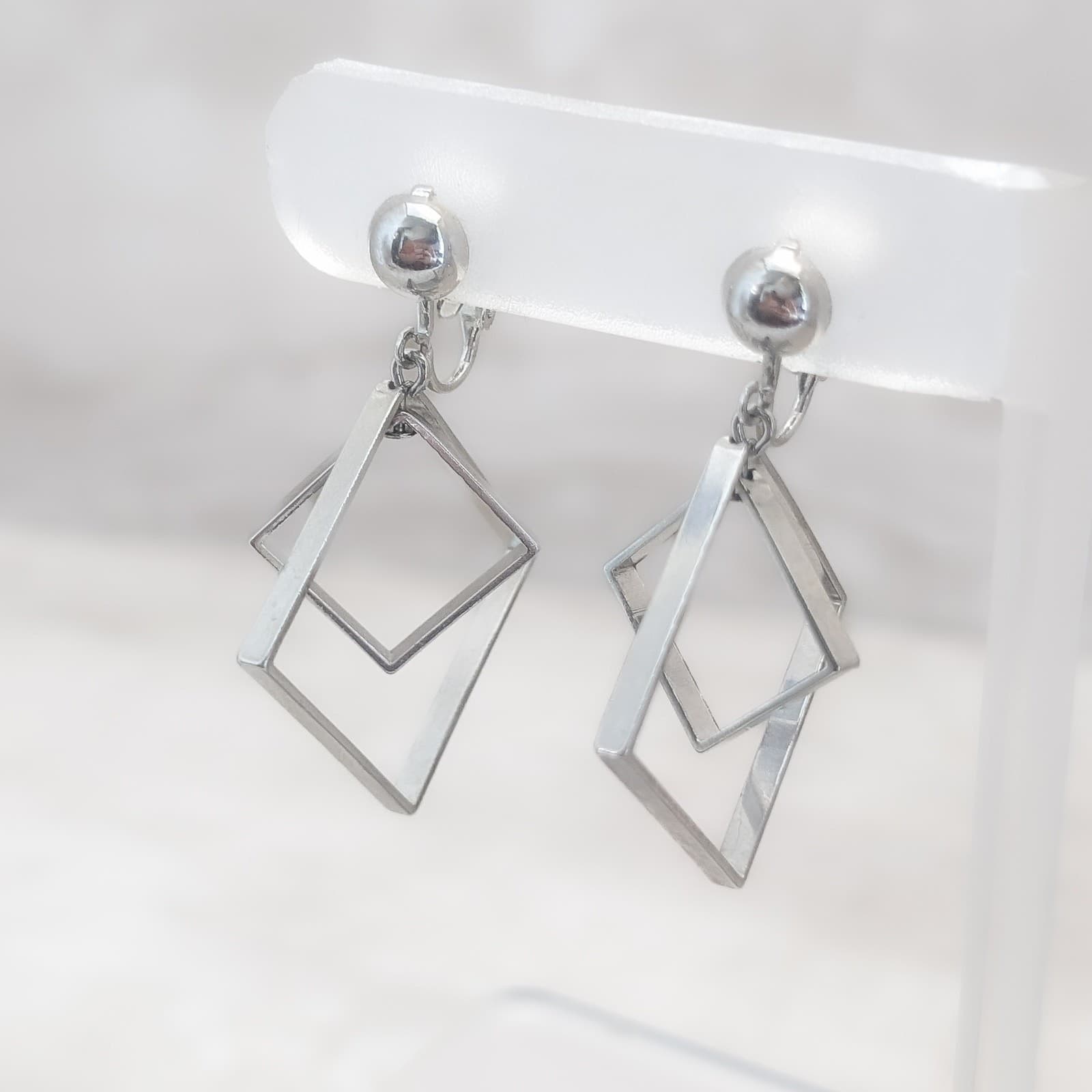 Vintage Clip On Earrings Large Silver Tone Double Square Drop Dangle 1 & 7/8"