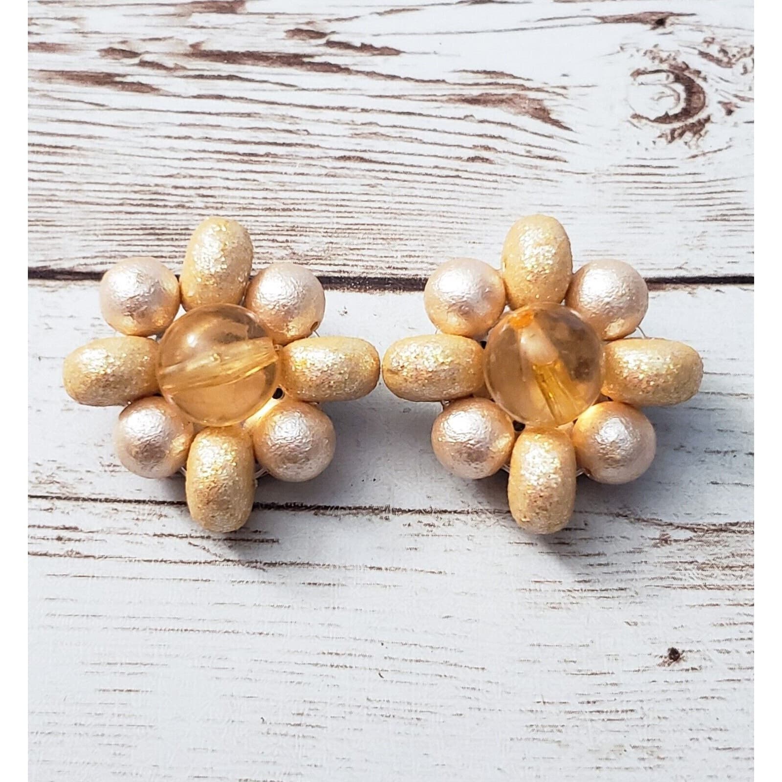 Vintage Clip On Earrings - Beaded Peach & Pink Tones Cluster 1.25"