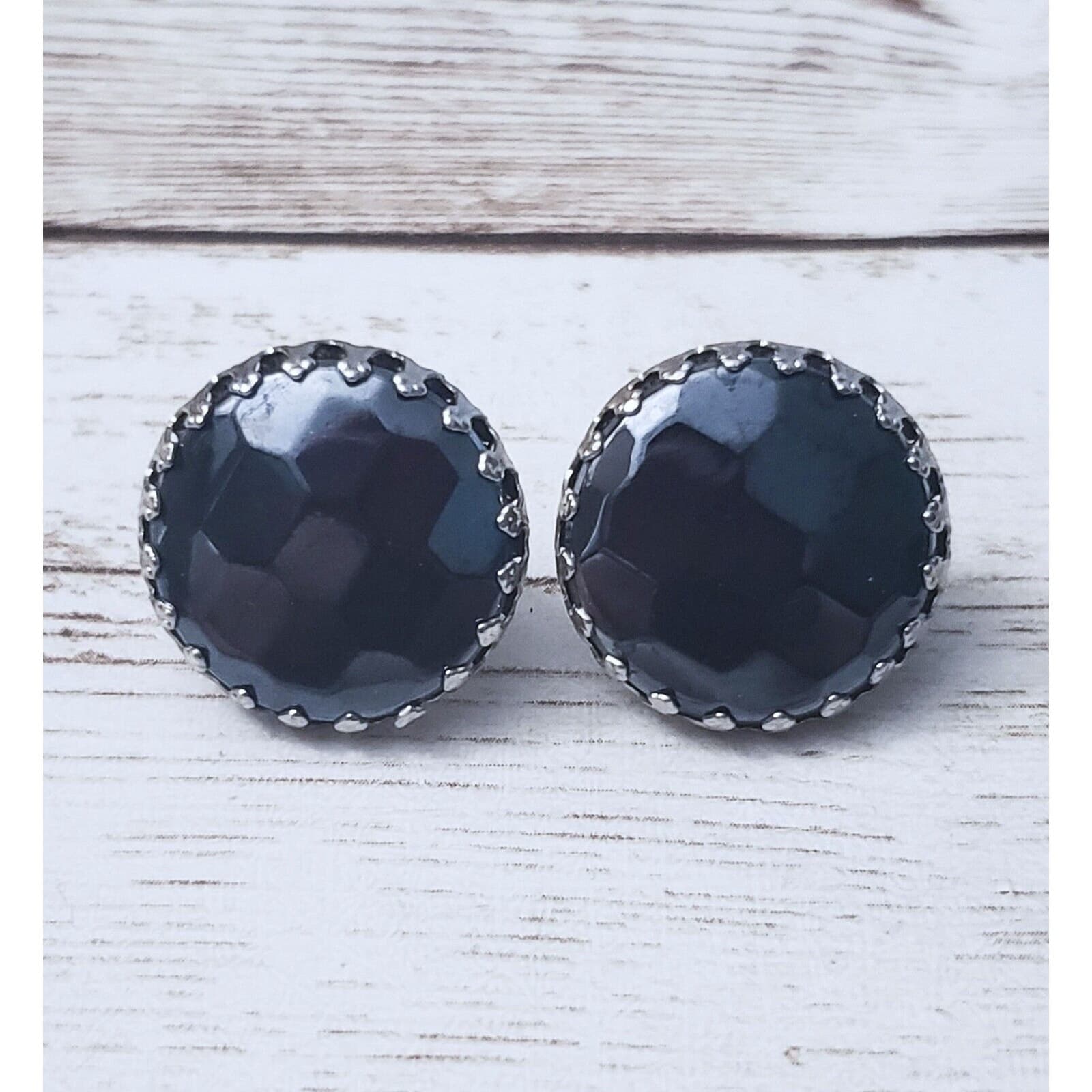 Vintage Clip On Earrings - 0.75" Faceted Black? Dark Blue? Gem
