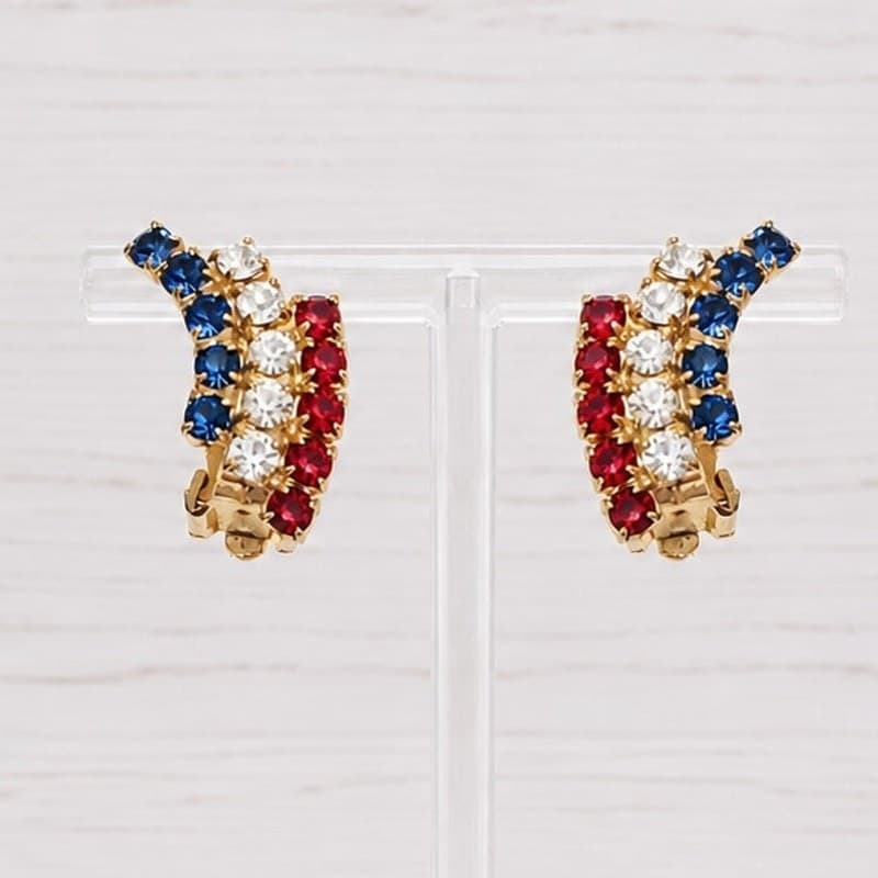 Vintage Clip On Earrings - Red, White, Blue Gem Stones