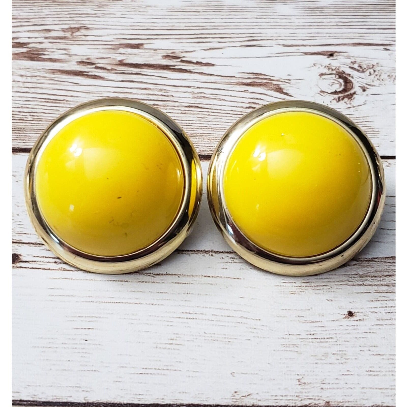 Vintage Clip On Earrings - Large Domed Yellow with Gold Tone Halo Statement 1.5"
