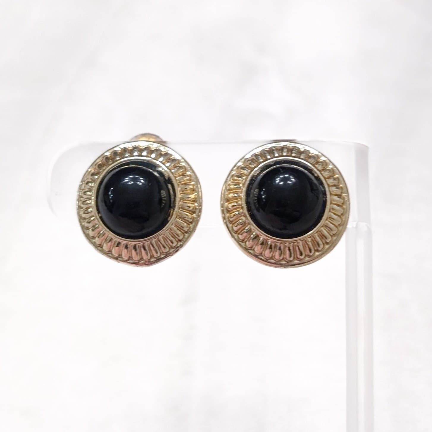 Vintage Clip On Earrings Stylish Gold Tone with Domed Black Center 7/8"