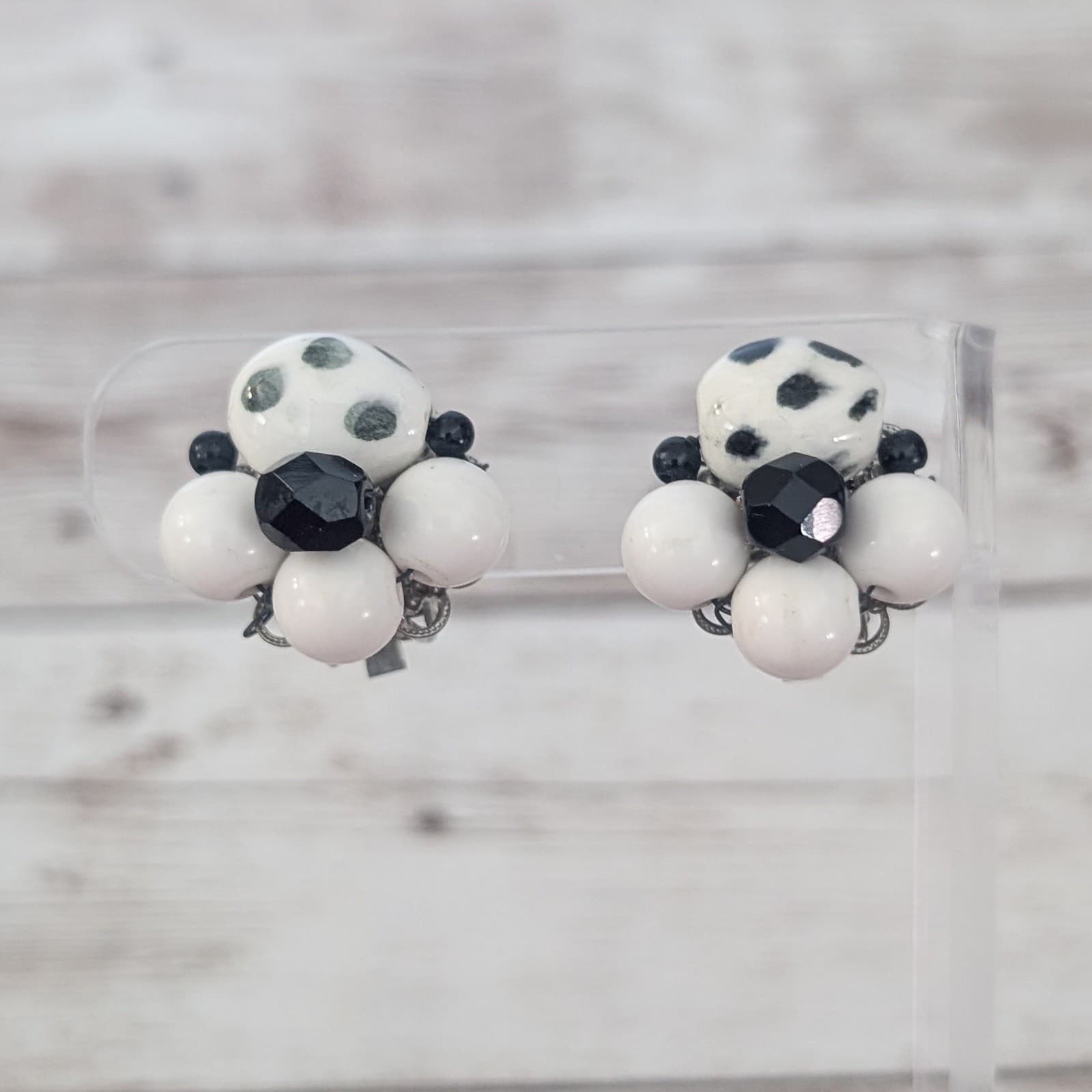 Vintage Clip On Earrings Black & White Cluster with Spotted Design 7/8"