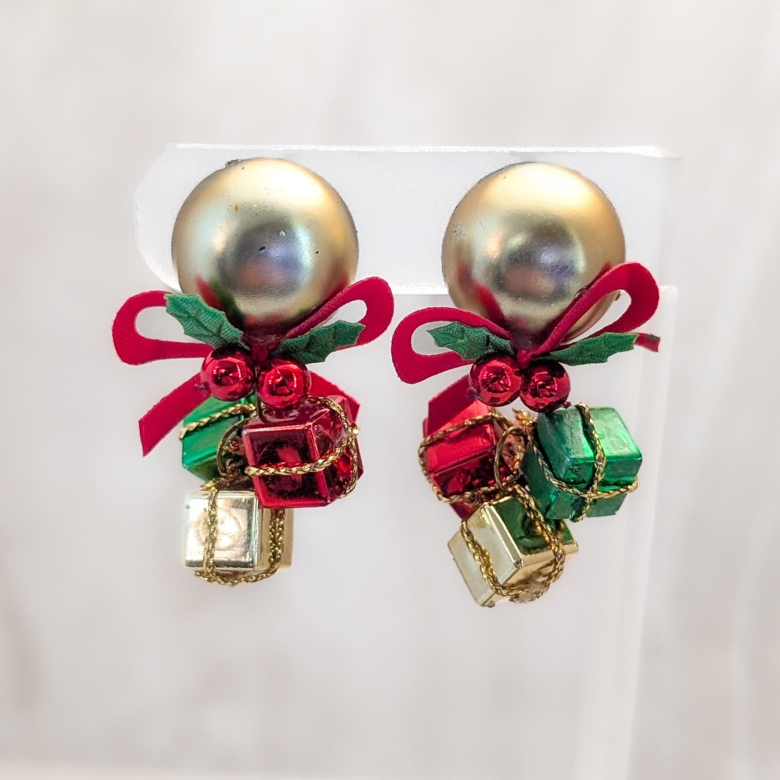 Vintage Clip On Earrings Retro Christmas Dangle 2" Long Dangle Gifts Presents