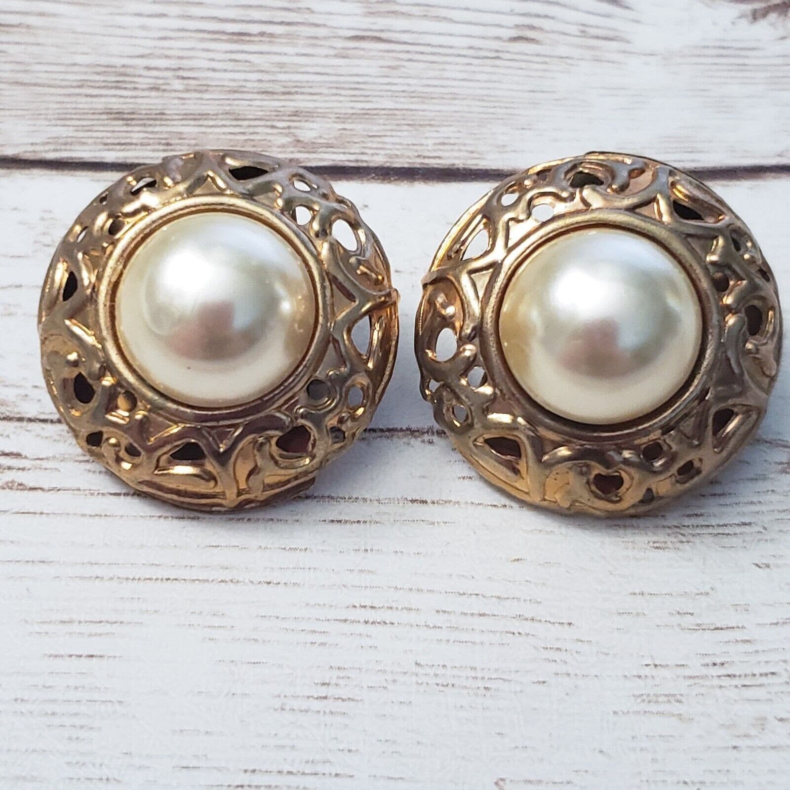 Vintage Clip On Earrings Large Ornate Antique Gold Tone Halo & Faux Pearl Domed