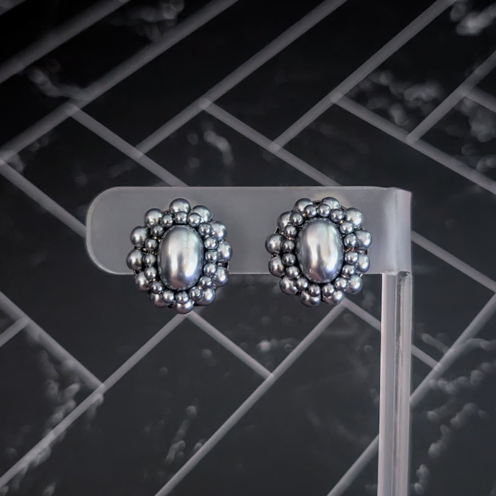 Vintage Clip On Earrings Silver-ish Blue Tone Cluster 0.75