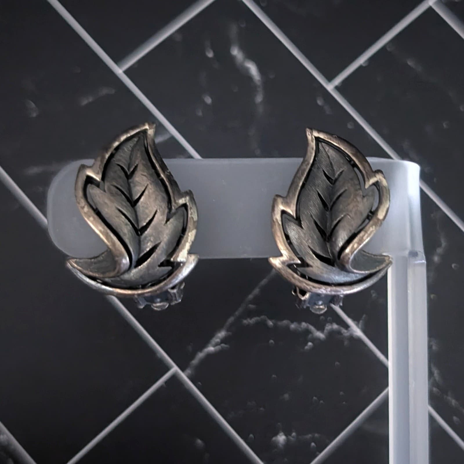 Vintage Clip On Earrings Dark Metallic Large Leaf Fall Autumn Statement