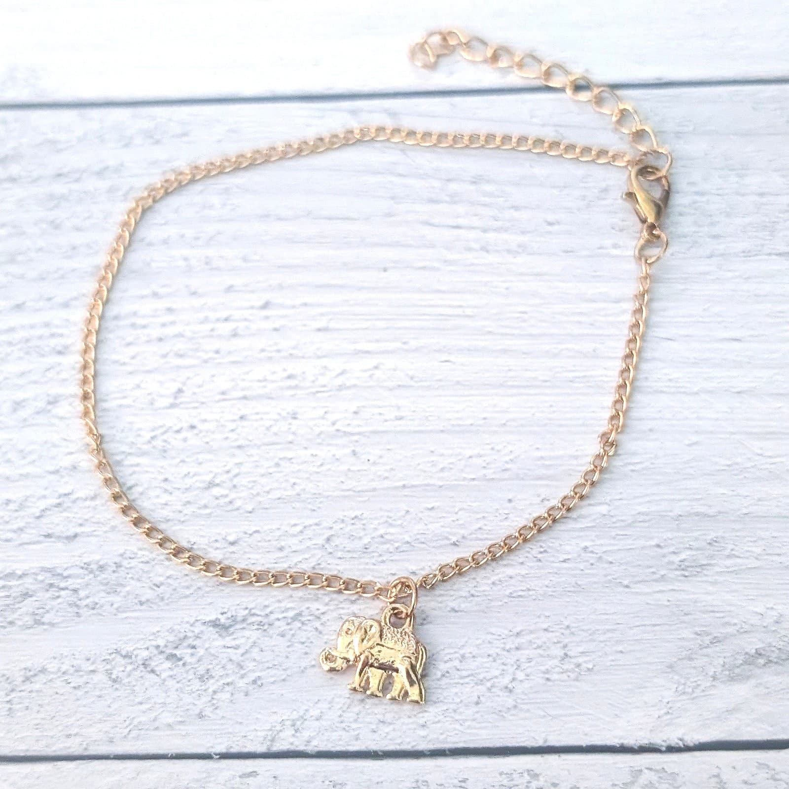 Gold Tone Anklet with Elephant Charm - 9"-10.75"