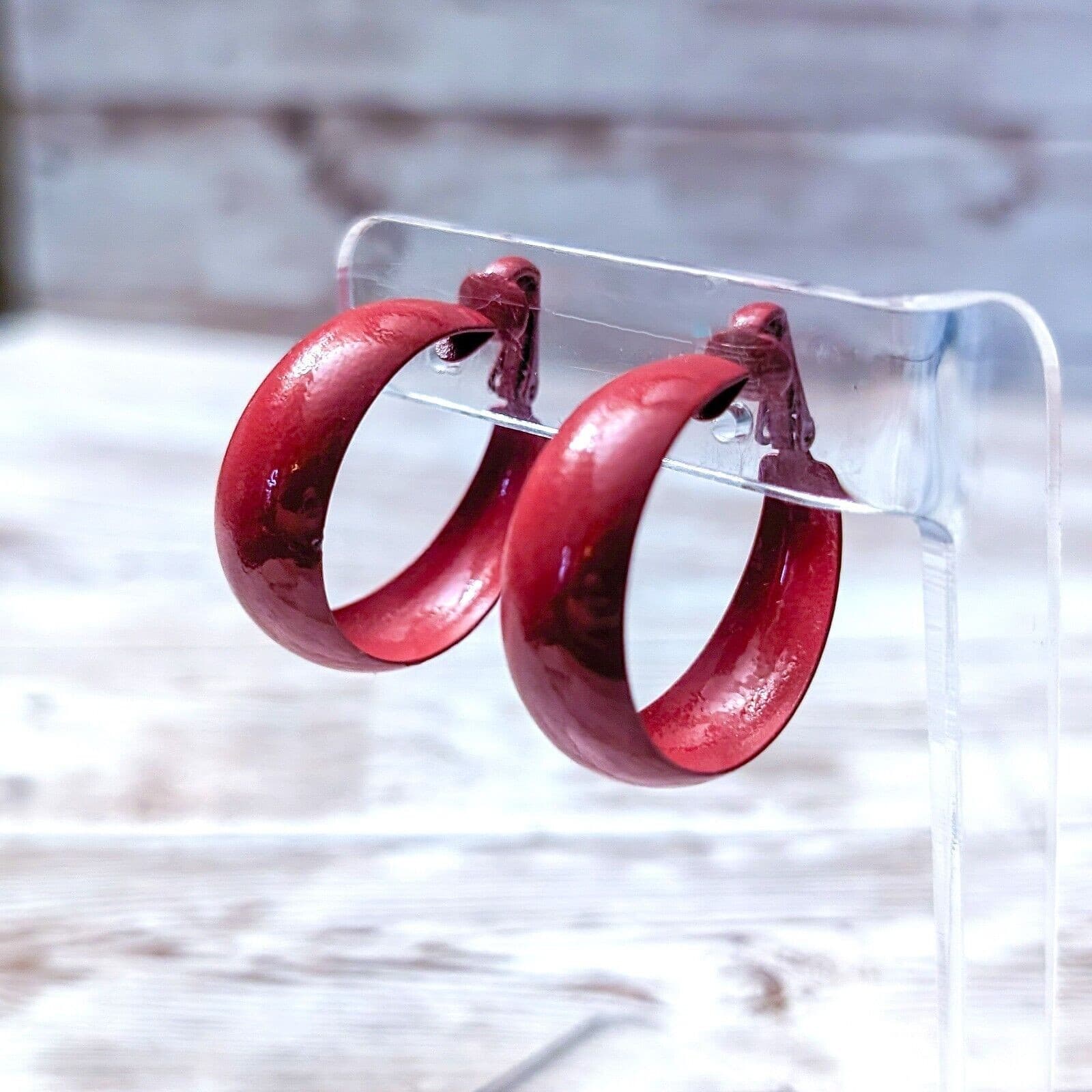 Vintage Clip On Earrings - 1 & 1/8" Retro Hoops - Red