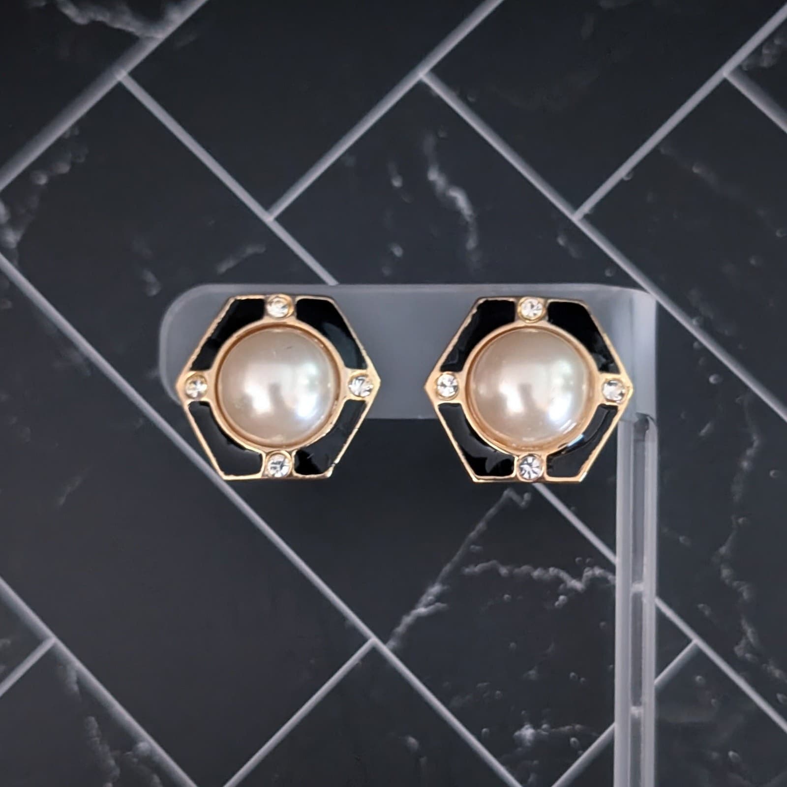 Vintage Clip On Earrings Stylish Gold Tone, Black Enamel, Faux Pearl, Clear Gem